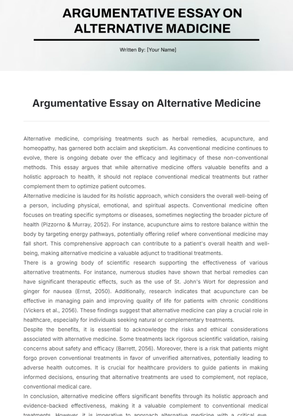 Argumentative Essay on Alternative Medicine Template