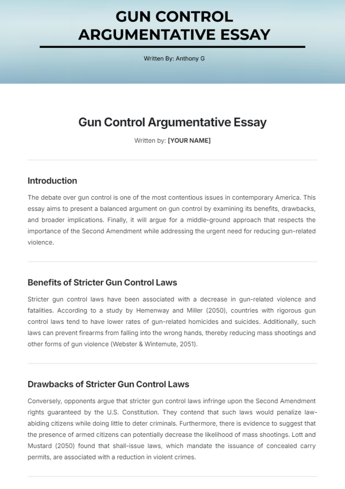 Gun Control Argumentative Essay Template