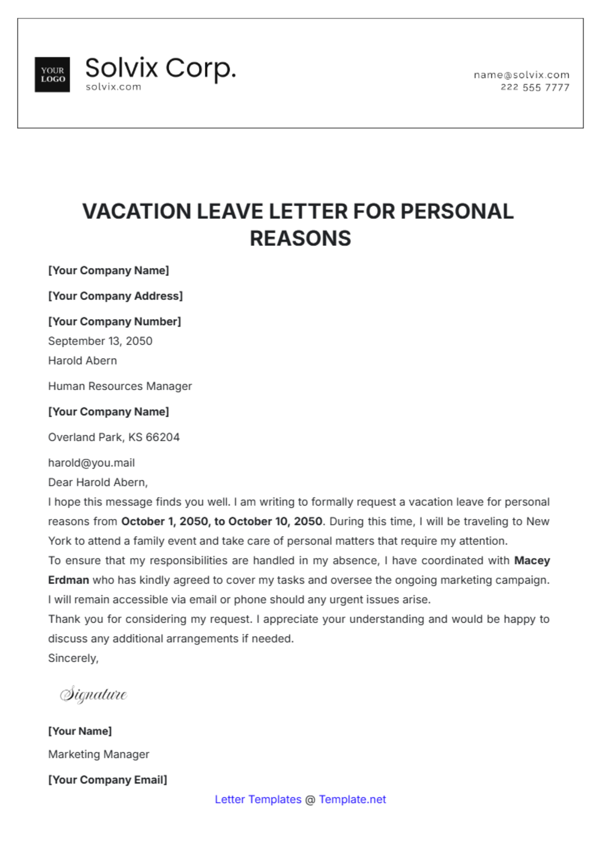 Vacation Leave Letter for Personal Reasons Template