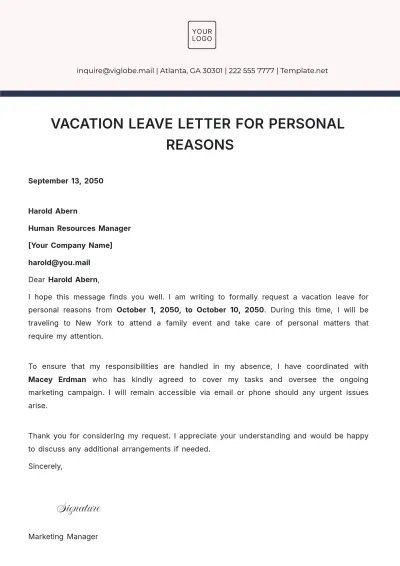 Free Vacation Leave Letter for Personal Reasons Template to Edit Online