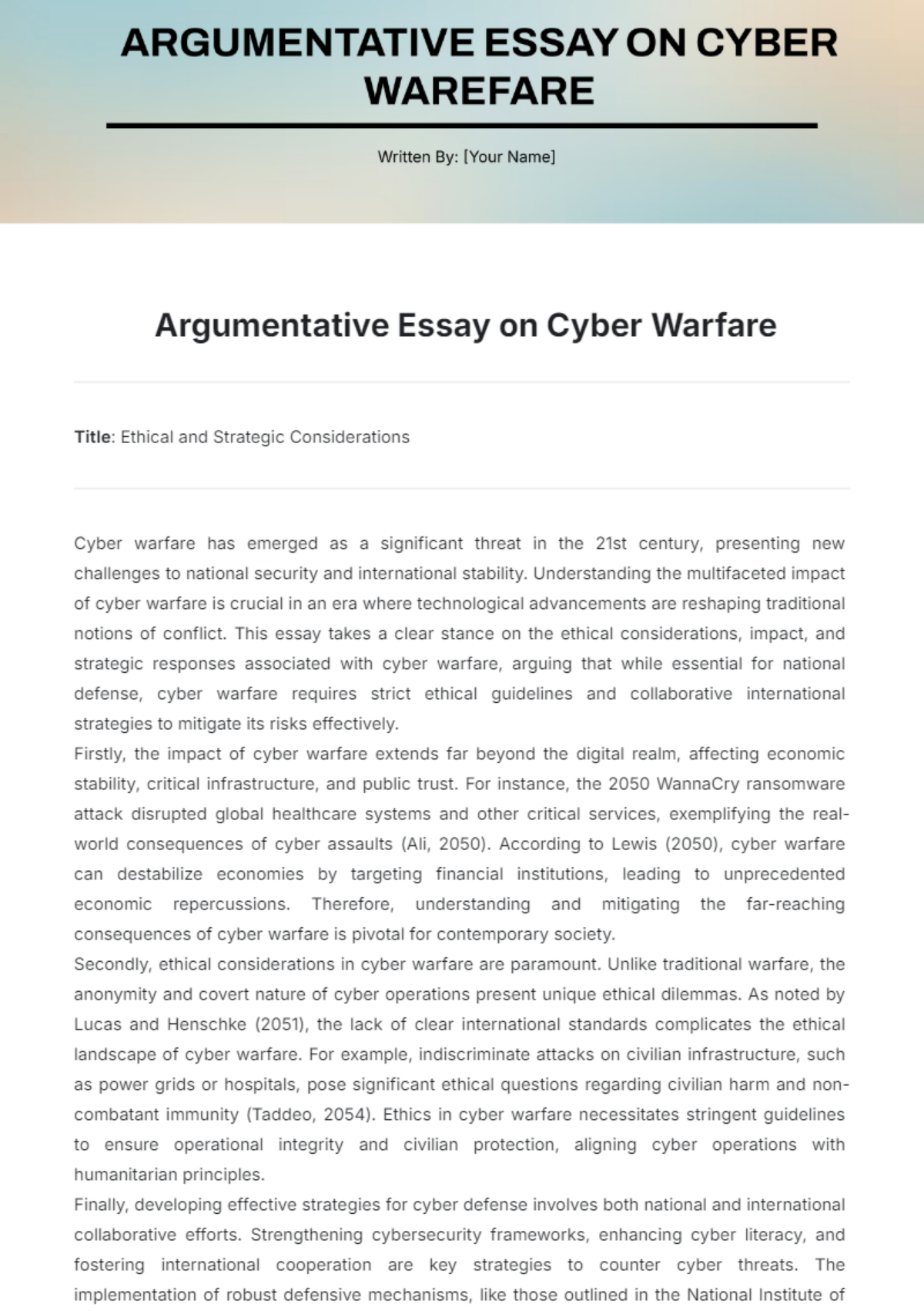 Argumentative Essay on Cyber Warfare Template