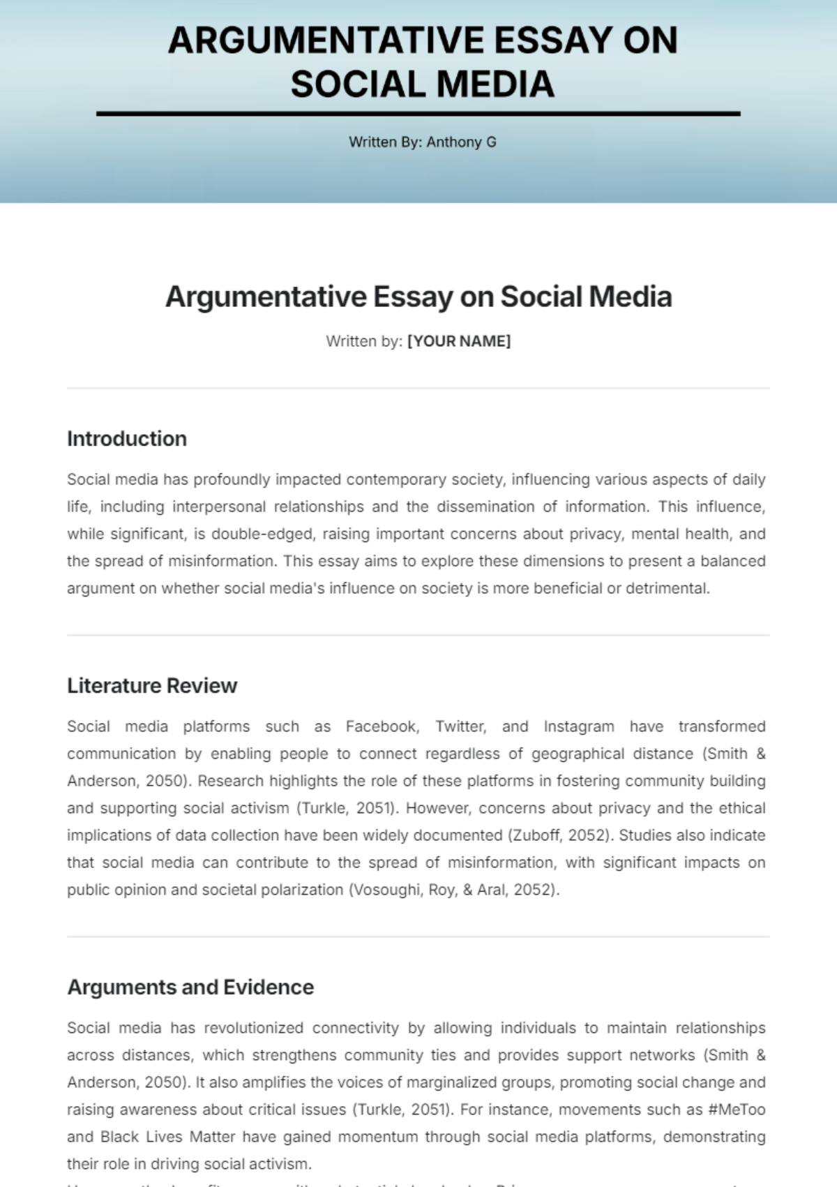 Argumentative Essay on Social Media Template