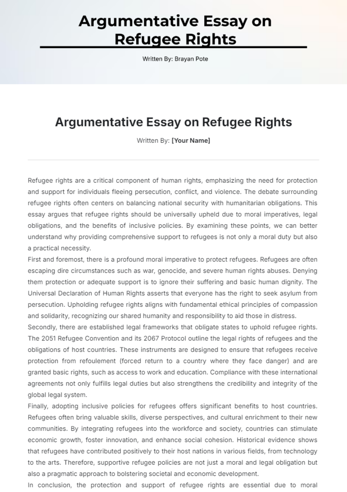 Argumentative Essay on Refugee Rights Template