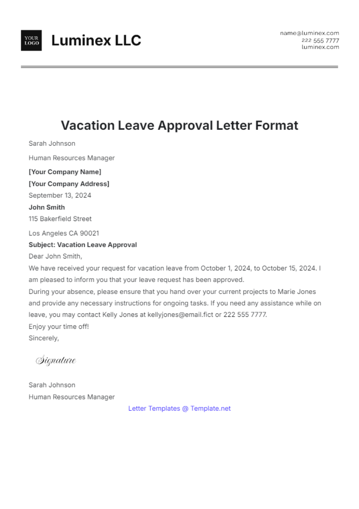 Vacation Leave Approval Letter Format Template