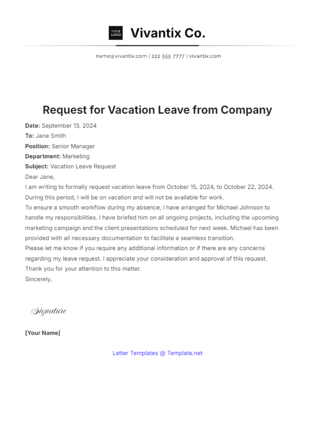 Request for Vacation Leave from Company Template