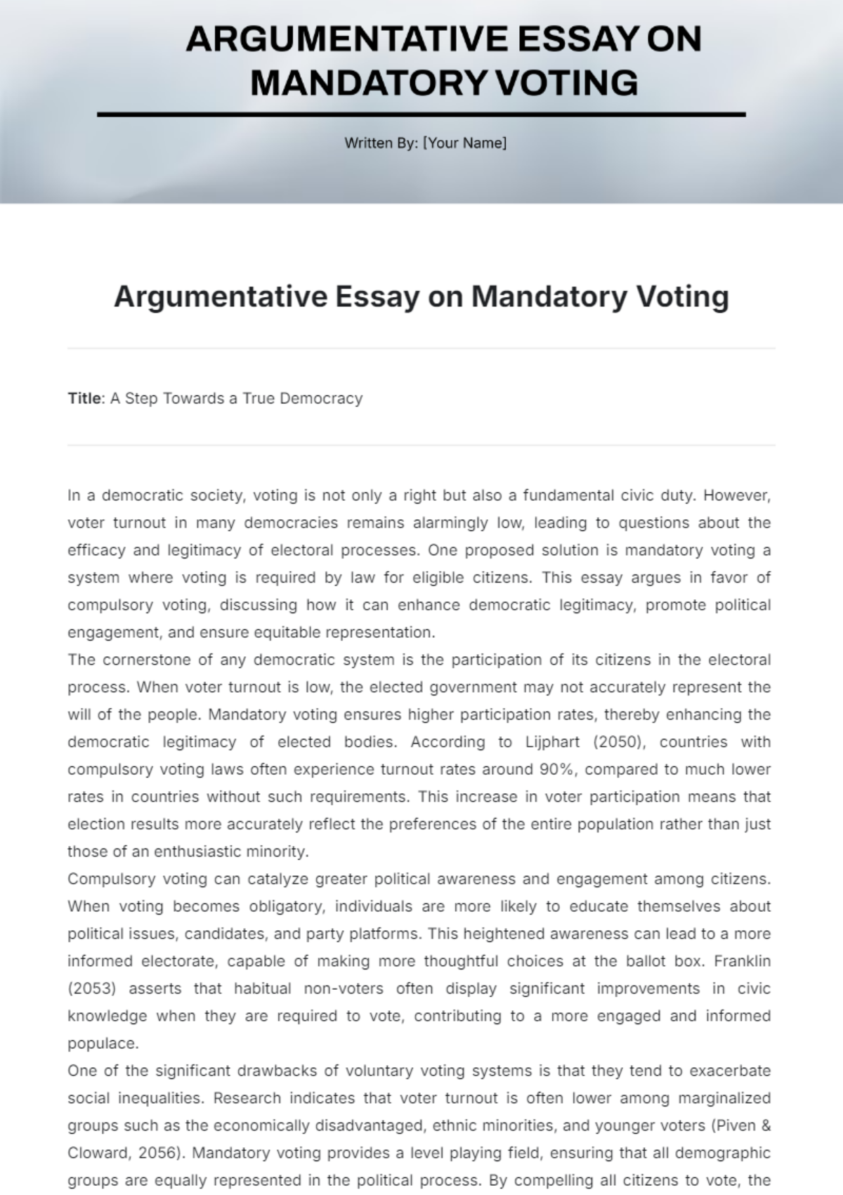 Argumentative Essay  on Mandatory Voting Template