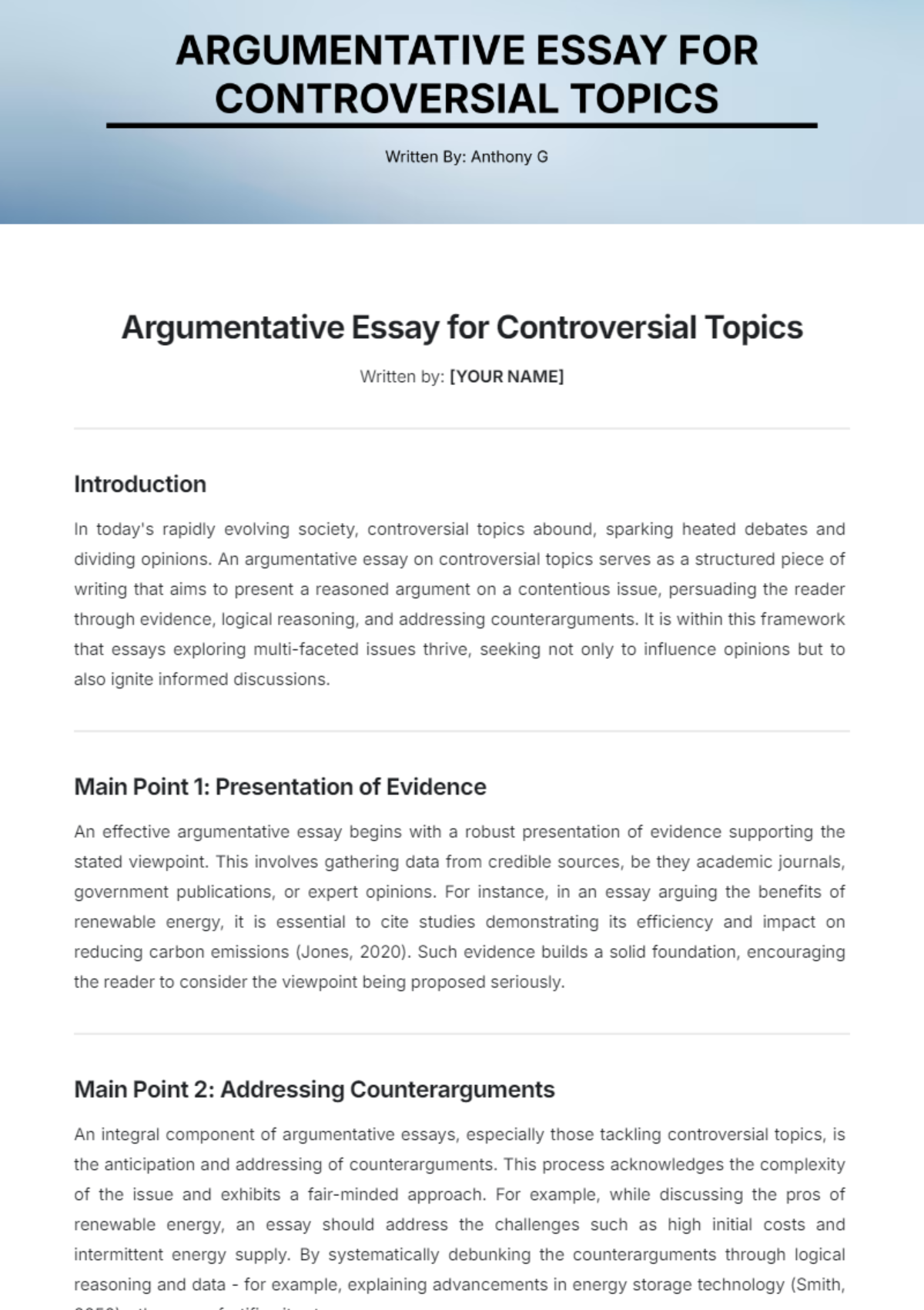 Argumentative Essay for Controversial Topics Template