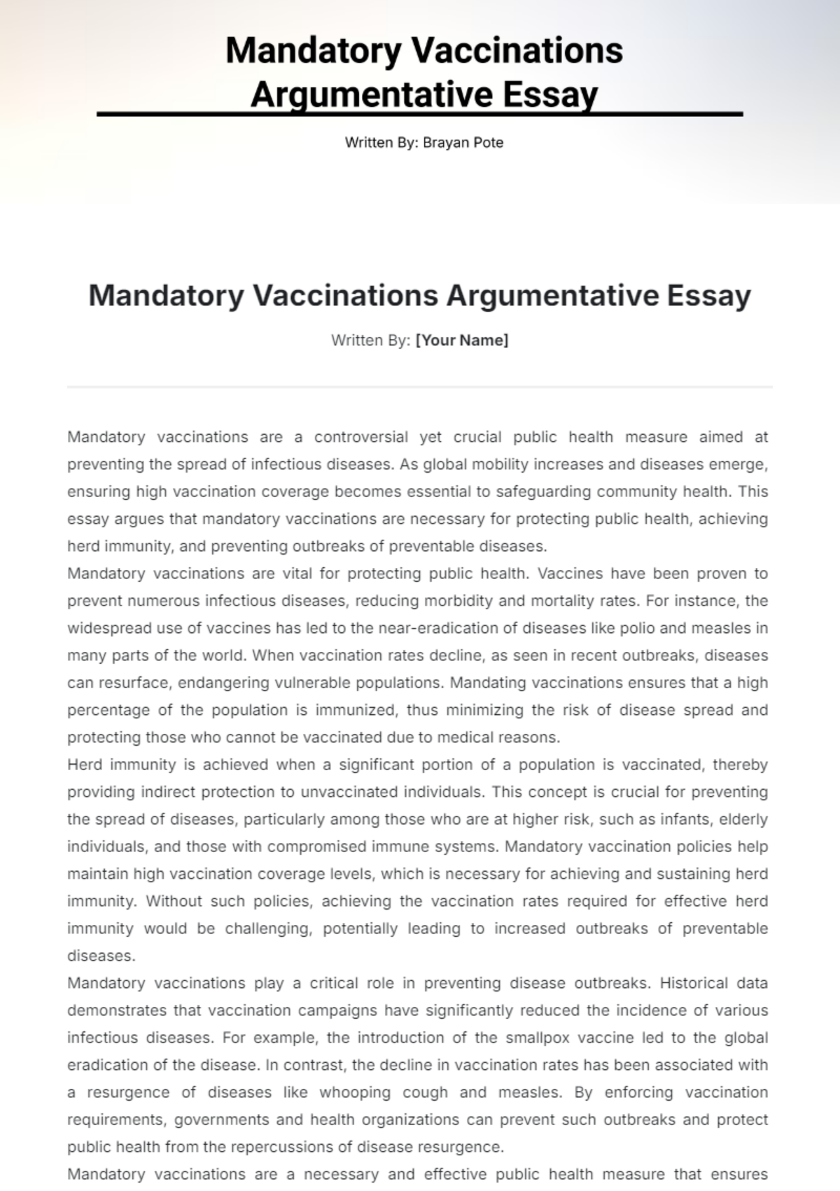 Mandatory Vaccinations Argumentative Essay Template