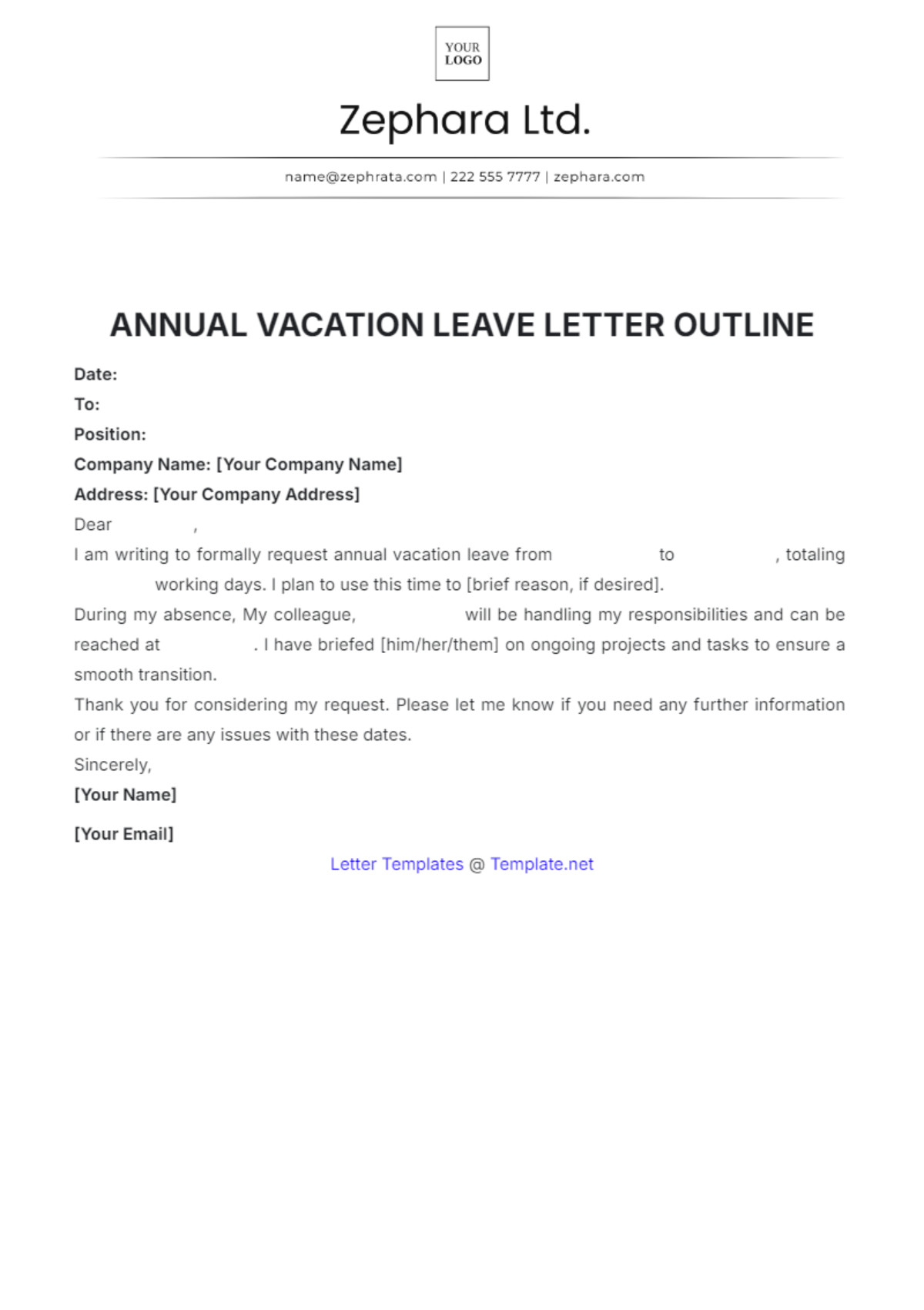 Annual Vacation Leave Letter Outline Template