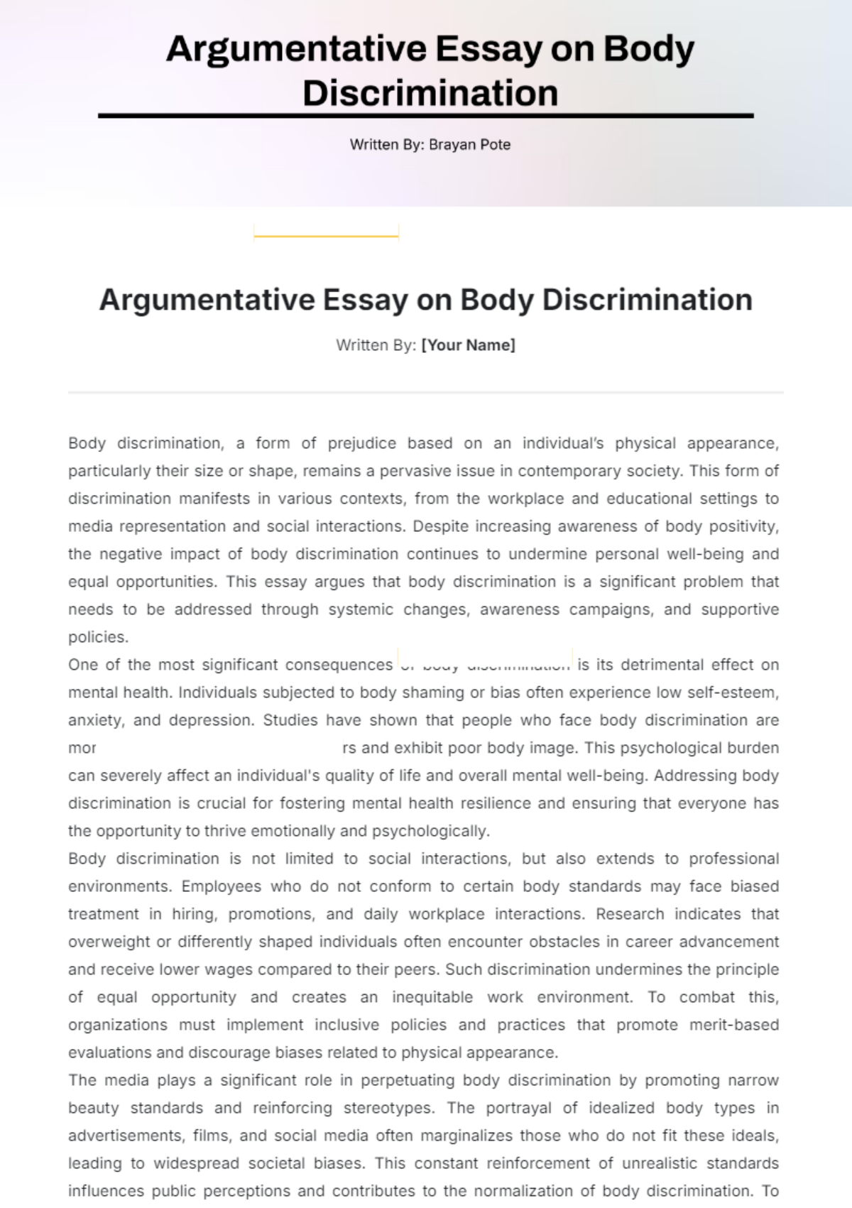 Argumentative Essay on Body Discrimination Template