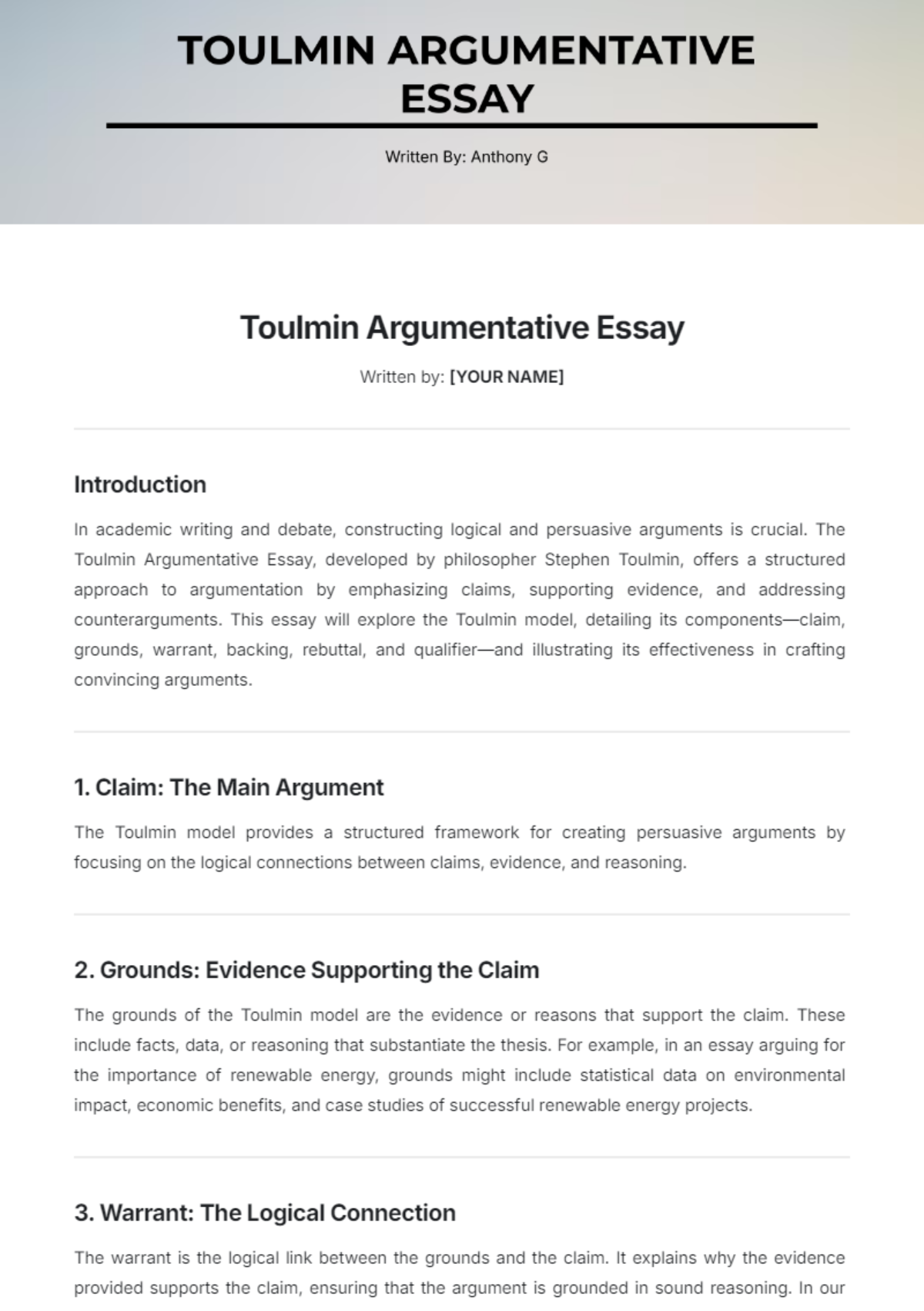 Toulmin Argumentative Essay Template - Edit Online & Download