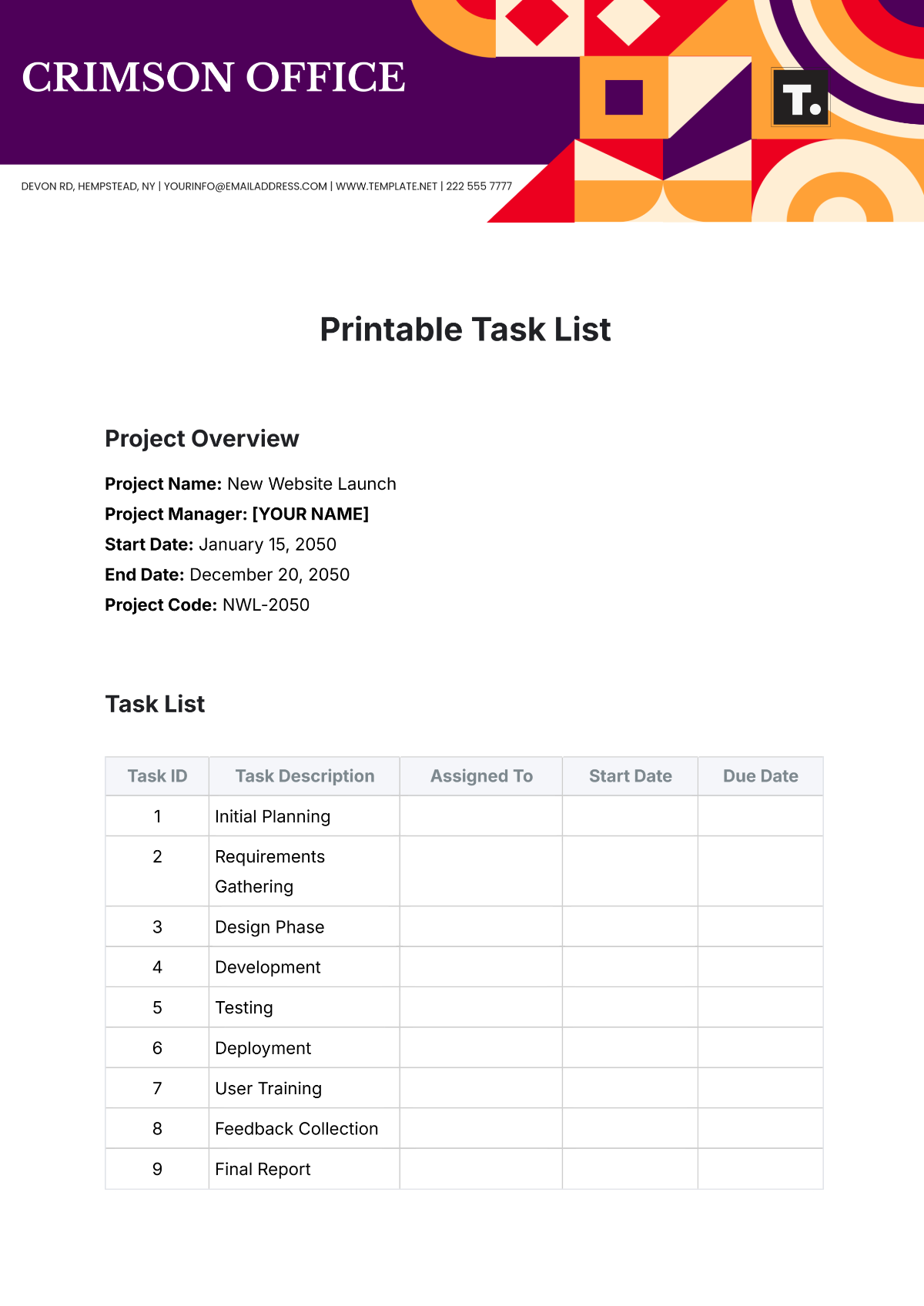 Free Printable Task List Template