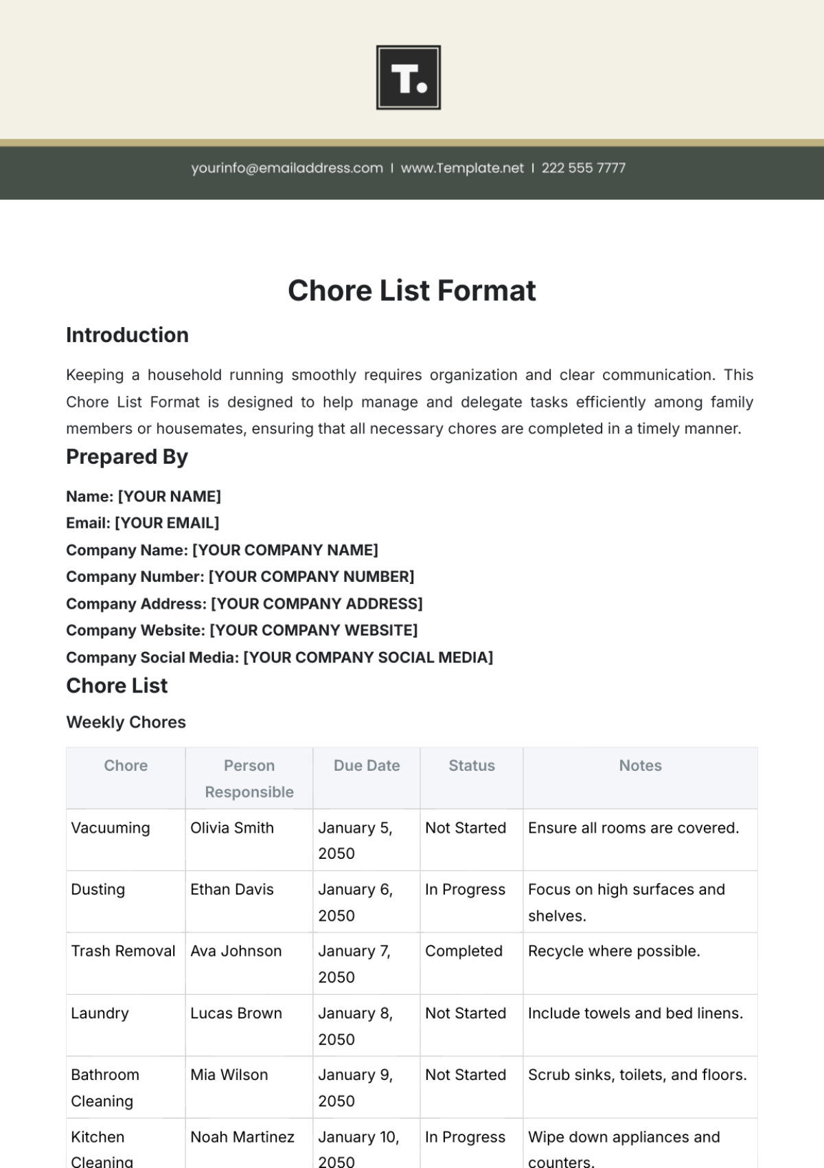 Chore List Format Template - Edit Online & Download