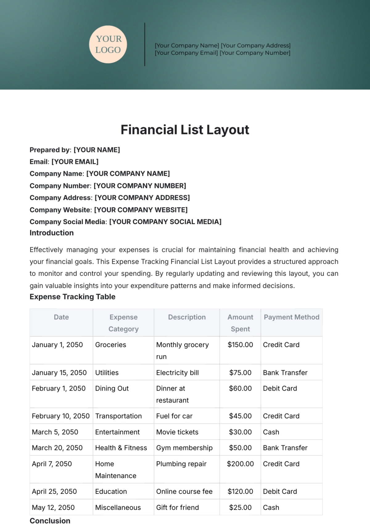 Financial List Layout Template - Edit Online & Download