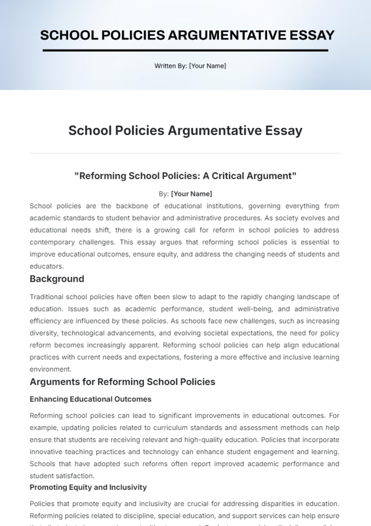 School Policies Argumentative Essay Template - Edit Online & Download