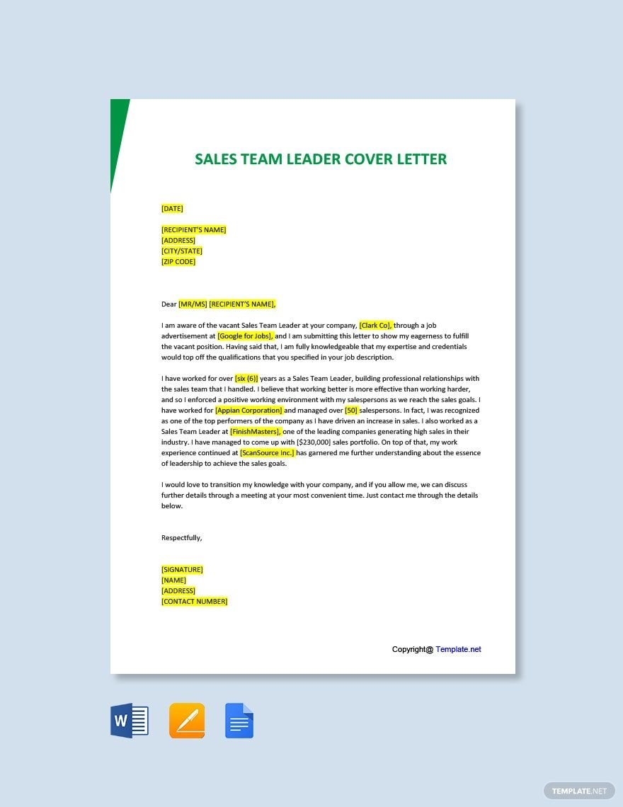 Sales Team Leader Cover Letter