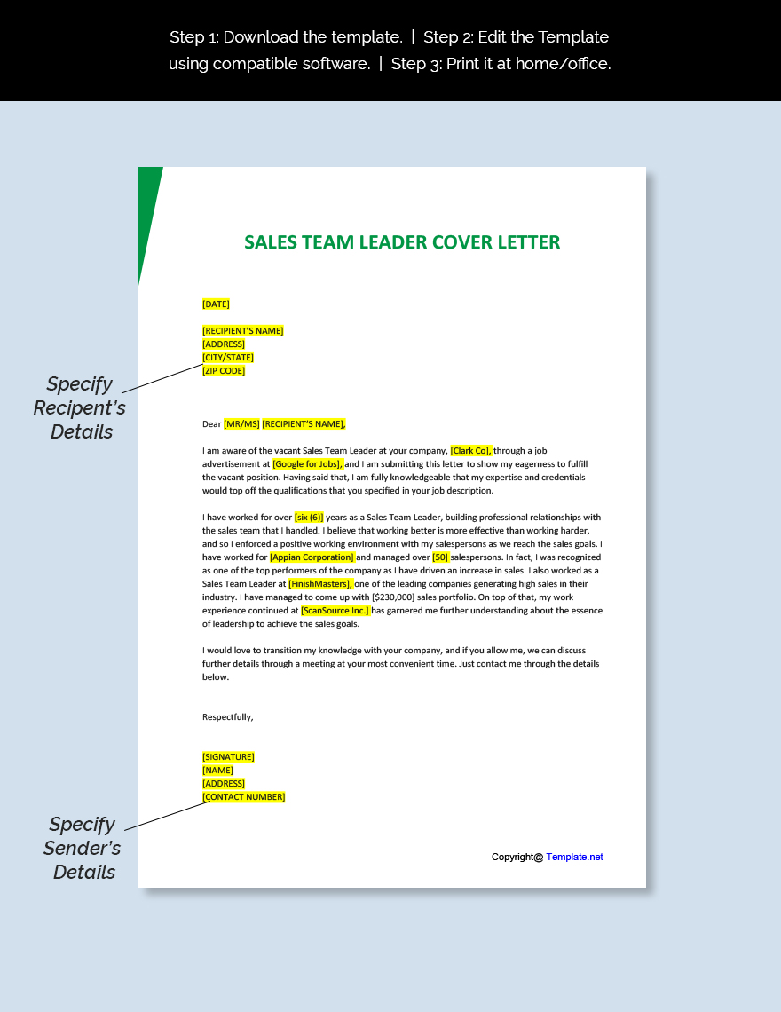 Sales Team Leader Cover Letter