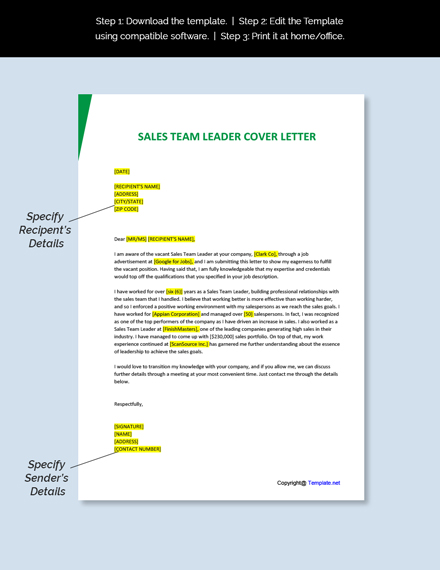 Sales Team Leader Cover Letter Template
