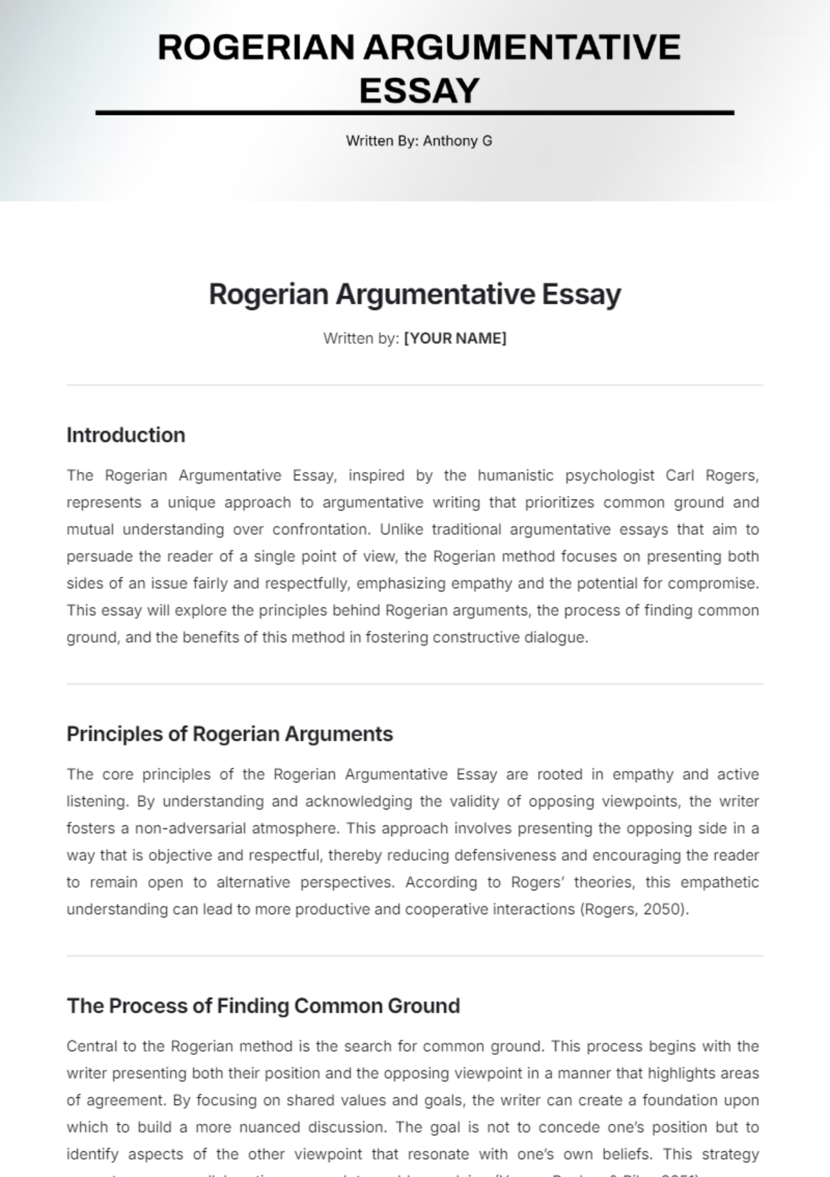 Rogerian Argumentative Essay Template - Edit Online & Download