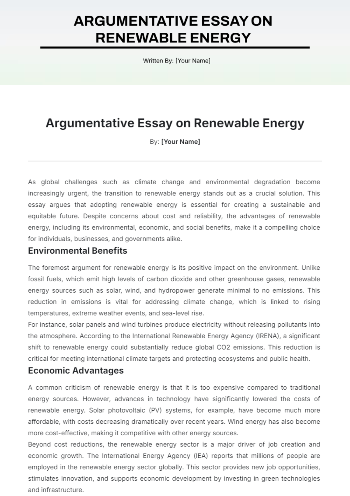 Argumentative Essay on Renewable Energy Template - Edit Online & Download