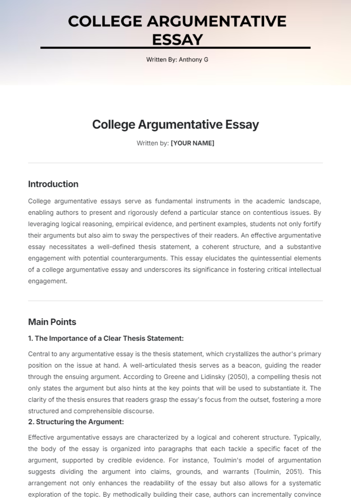 College Argumentative Essay Template - Edit Online & Download