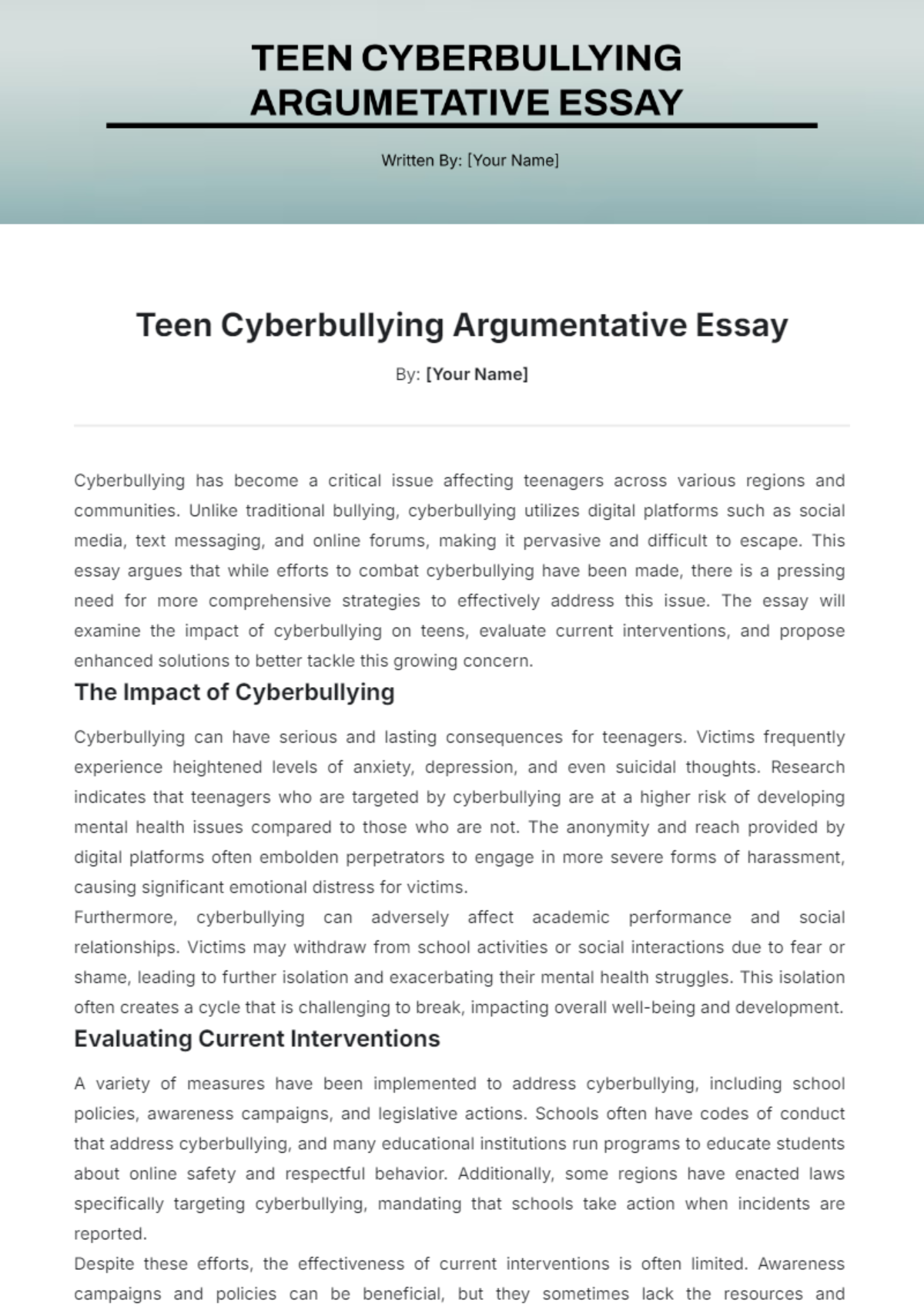 Teen Cyberbullying Argumentative Essay Template - Edit Online & Download