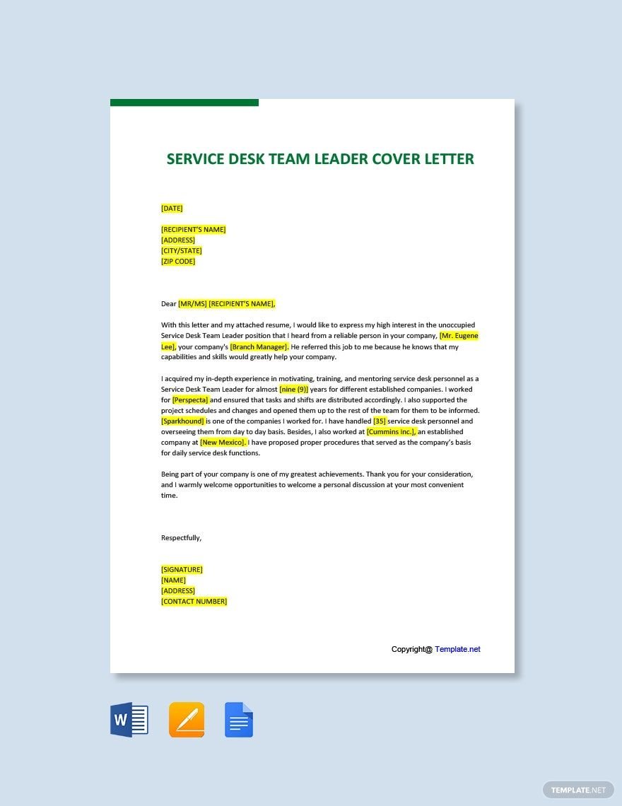 Service Desk Team Leader Cover Letter