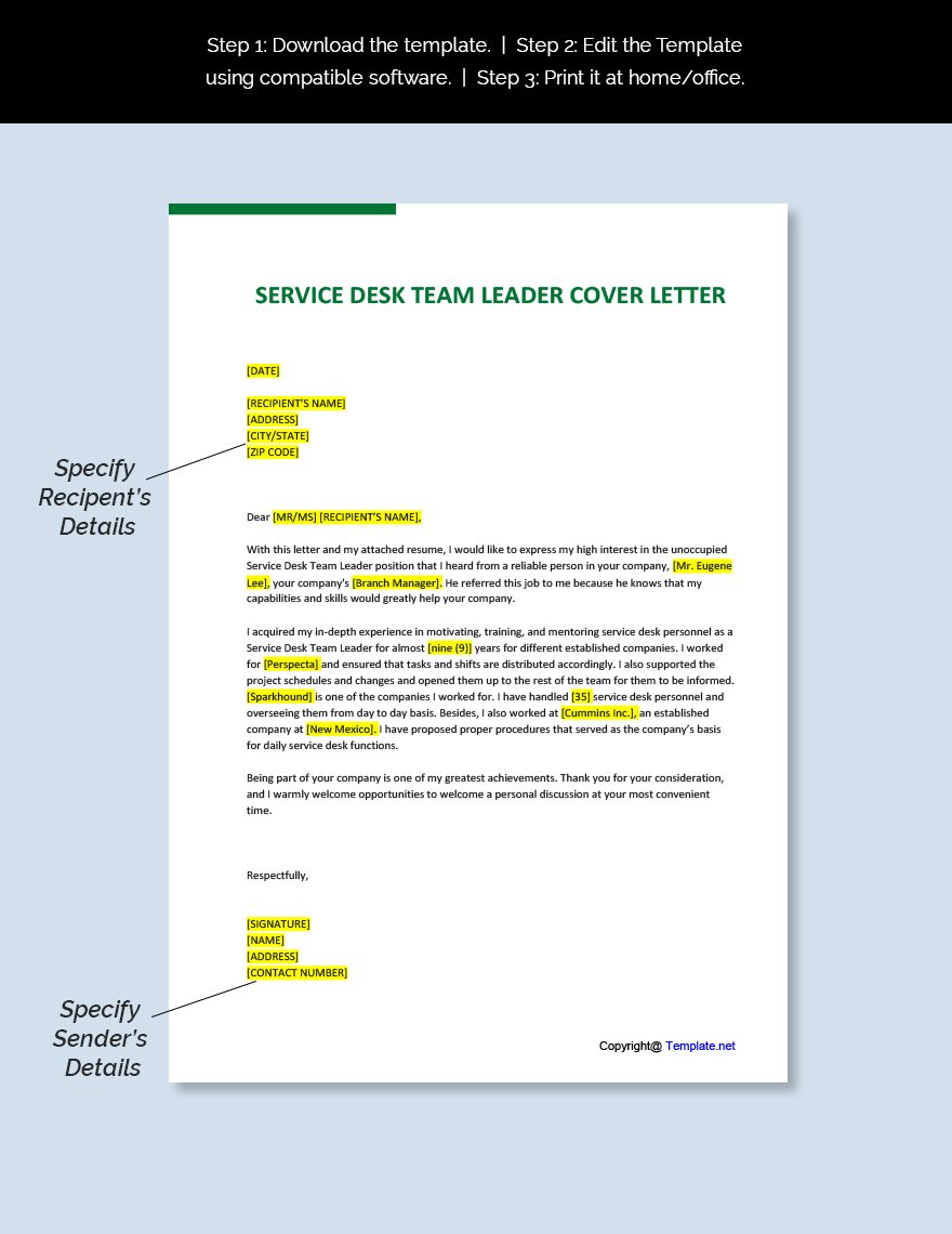 Service Desk Team Leader Cover Letter Template