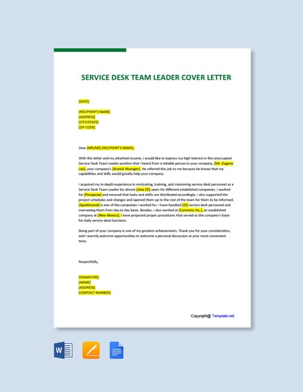 Free Service Desk Team Leader Cover Letter Template Google Docs Word Template Net