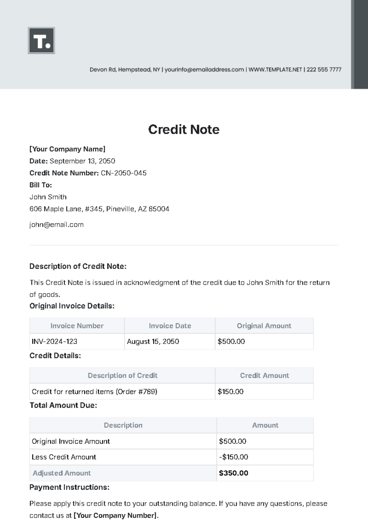 Credit Note Template - Edit Online & Download