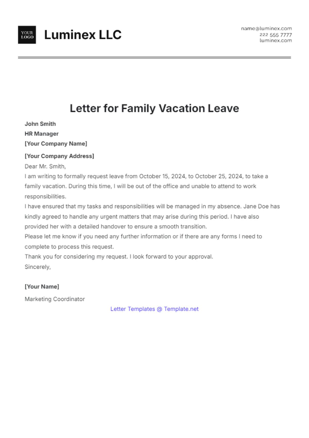 Letter for Family Vacation Leave Template