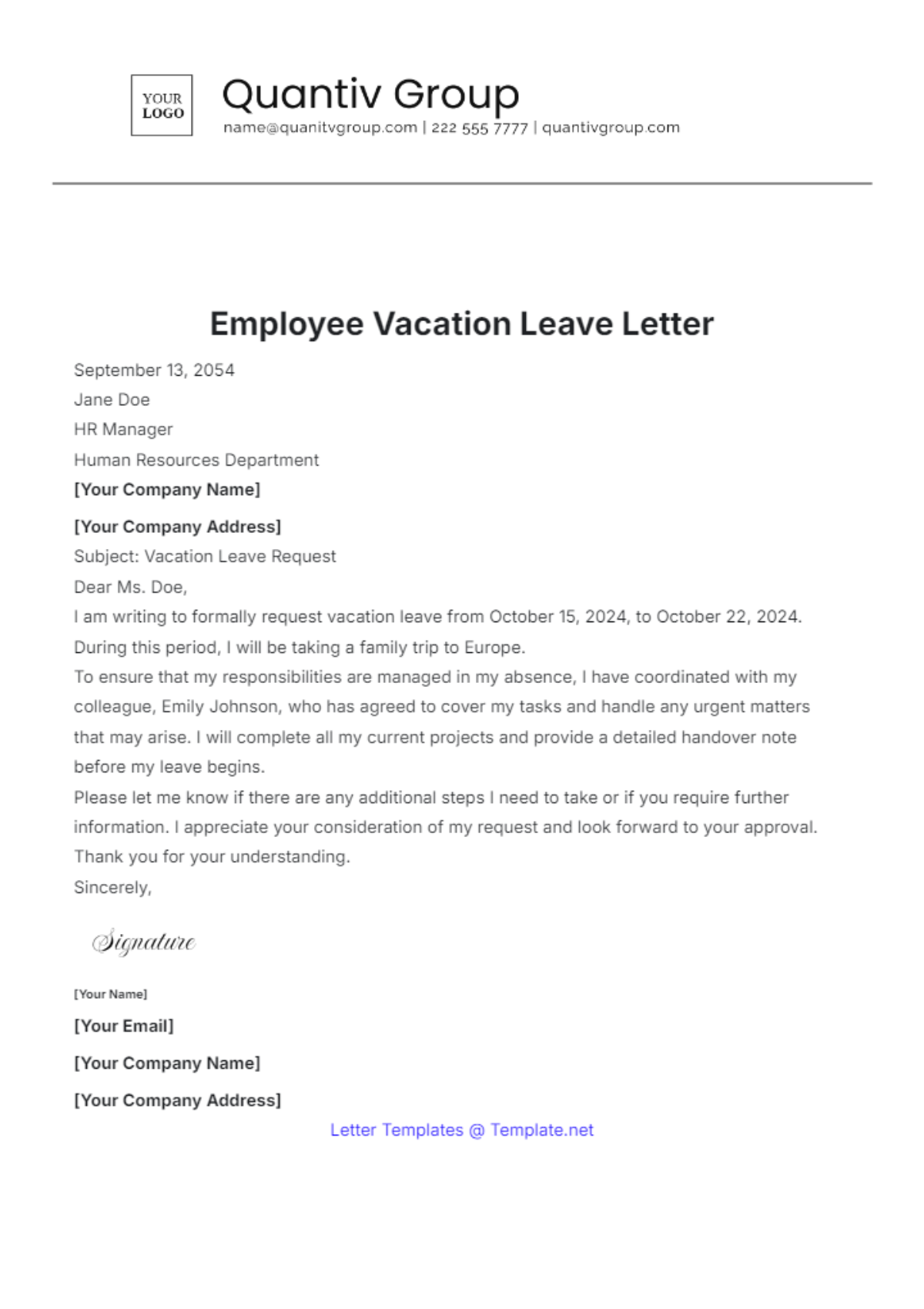 Employee Vacation Leave Letter Template