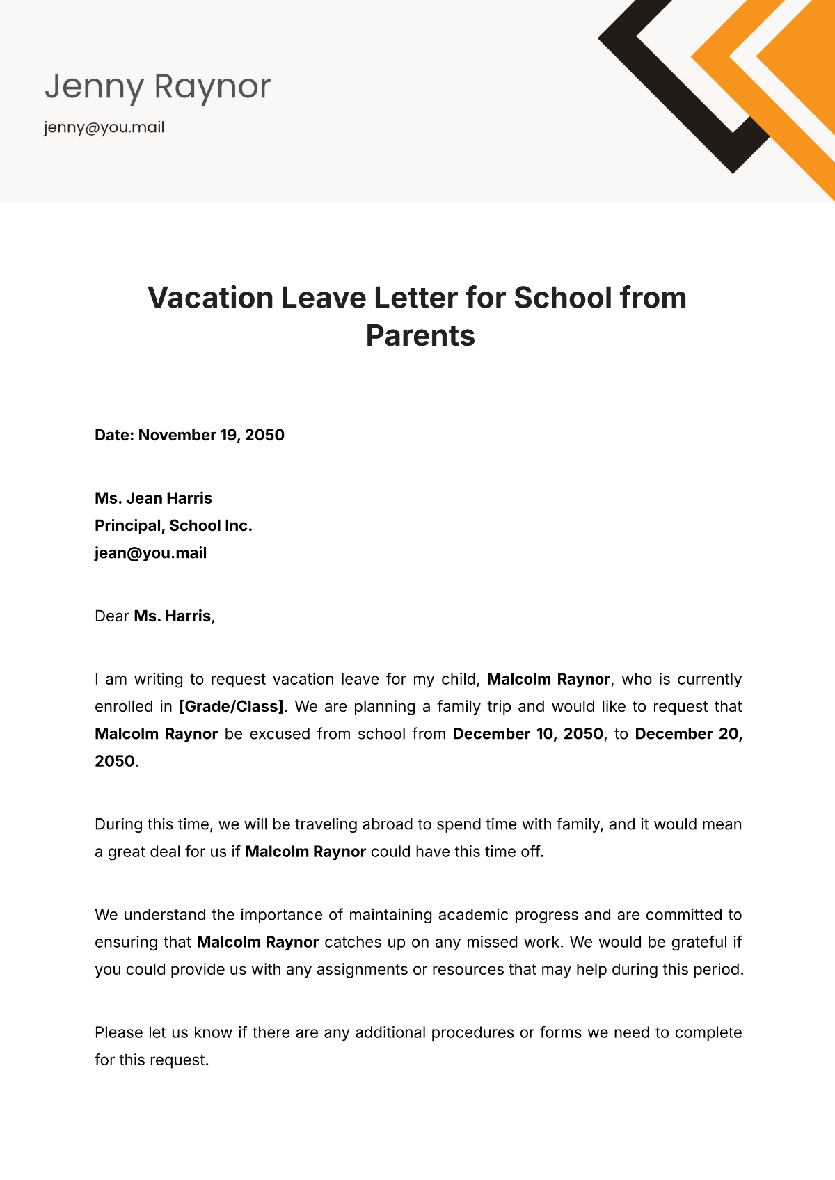 Vacation Leave Letter for School from Parents Template - Edit Online & Download