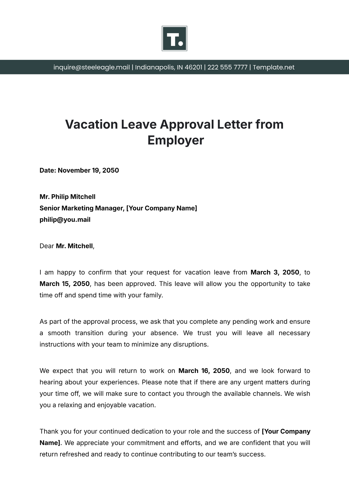 Vacation Leave Approval Letter from Employer Template - Edit Online & Download