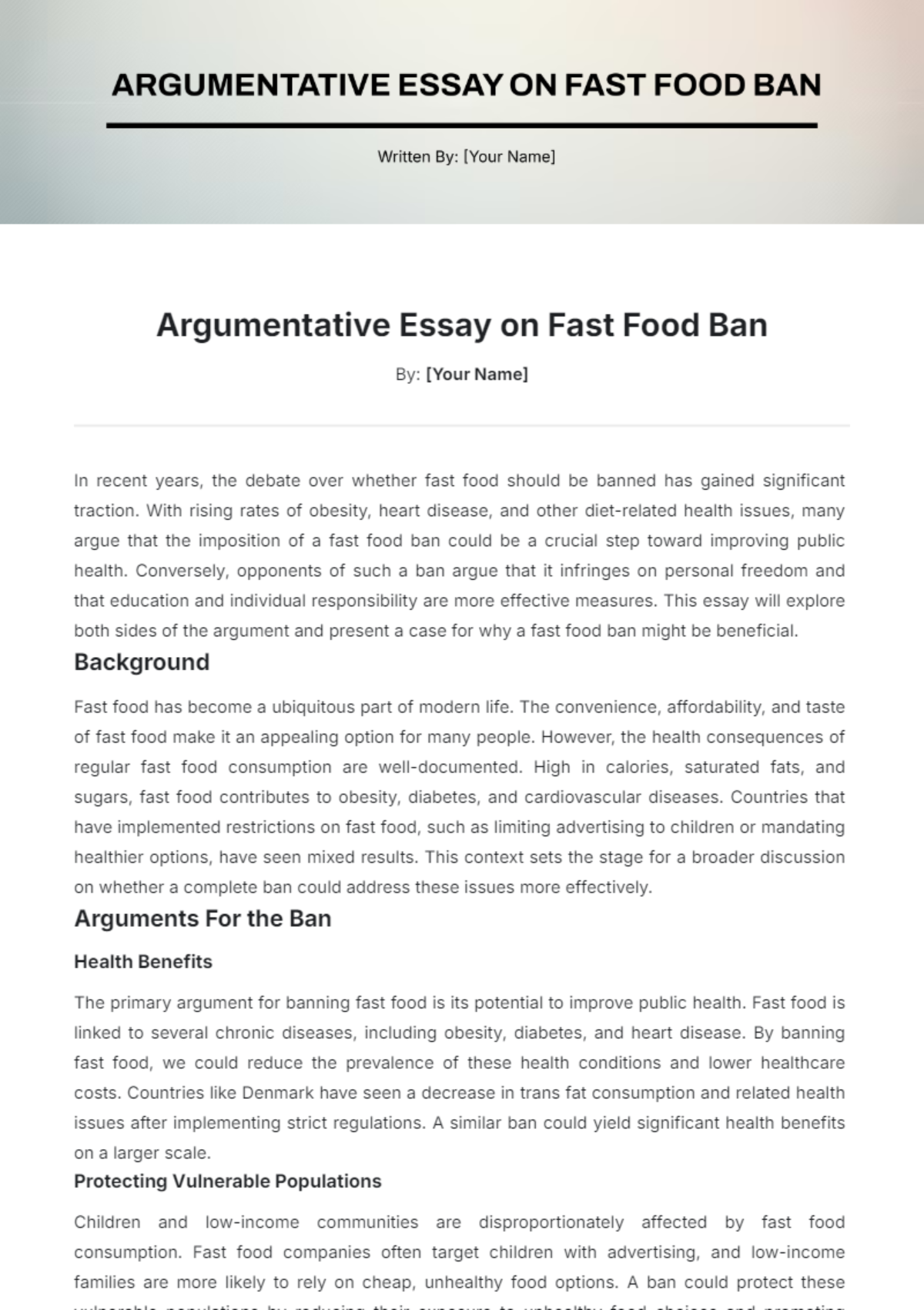 Argumentative Essay on Fast Food Ban Template - Edit Online & Download