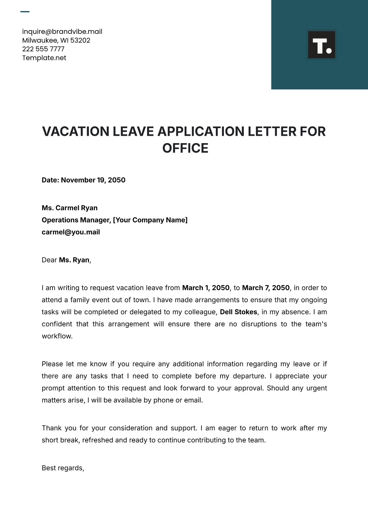 Vacation Leave Application Letter for Office Template - Edit Online & Download