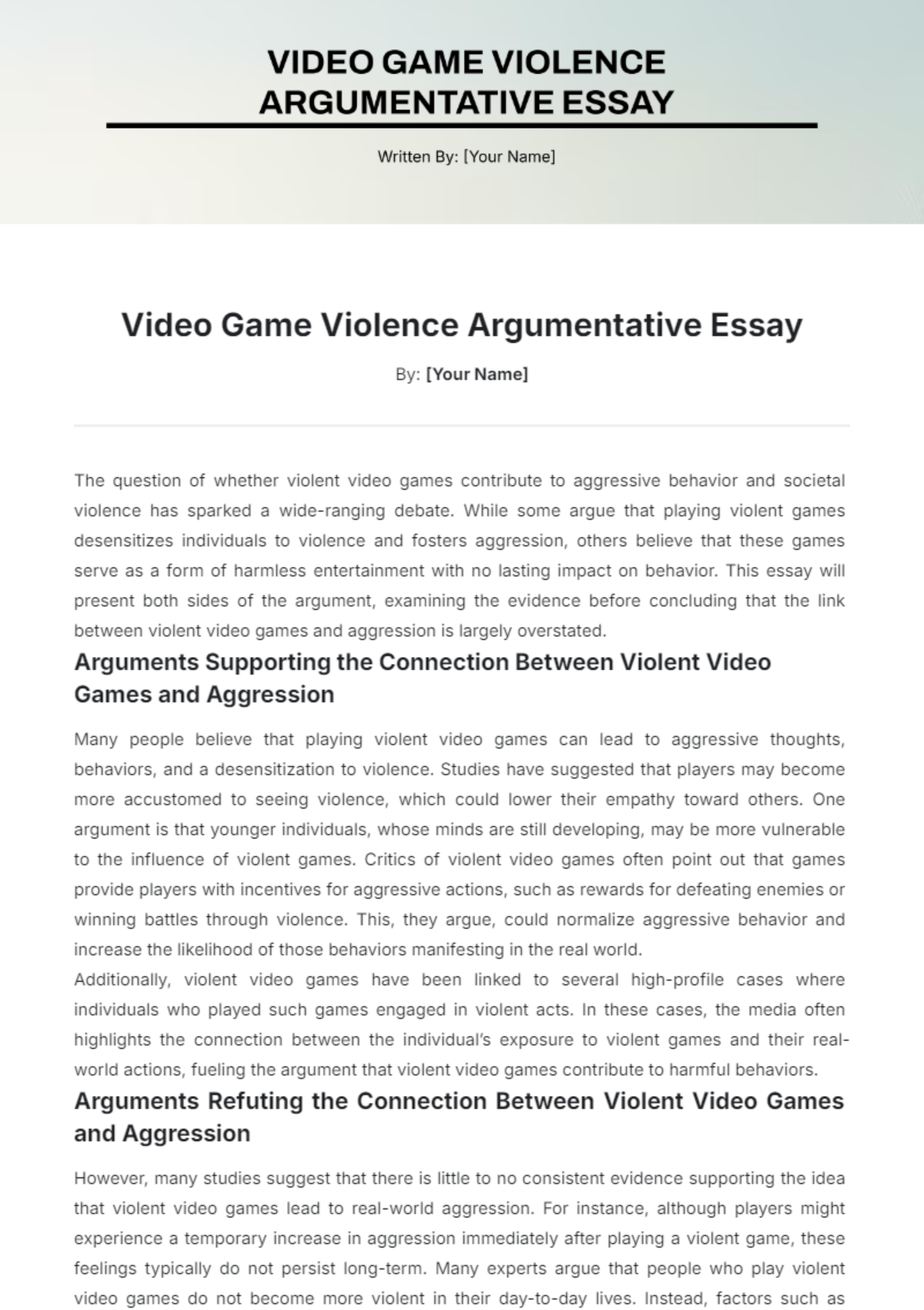 Video Game Violence Argumentative Essay Template - Edit Online & Download