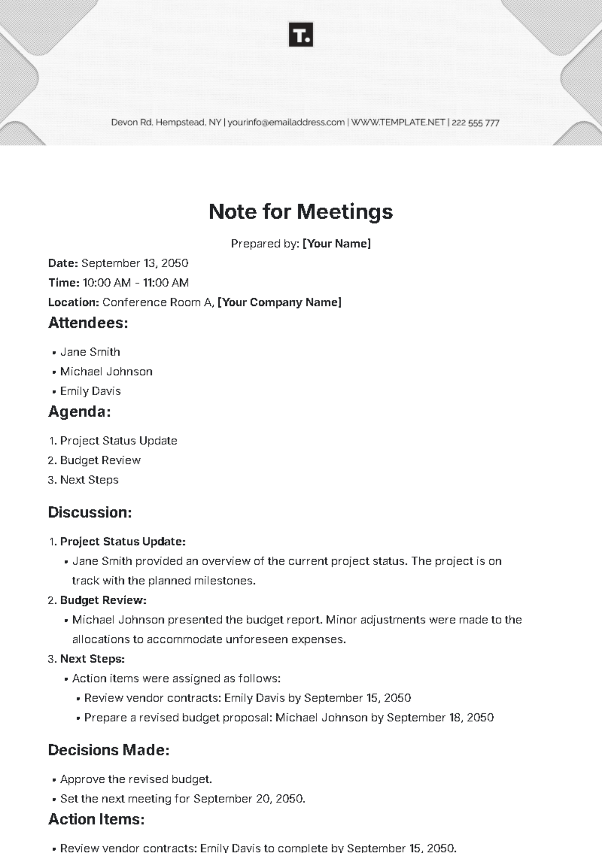 Note Template for Meetings - Edit Online & Download