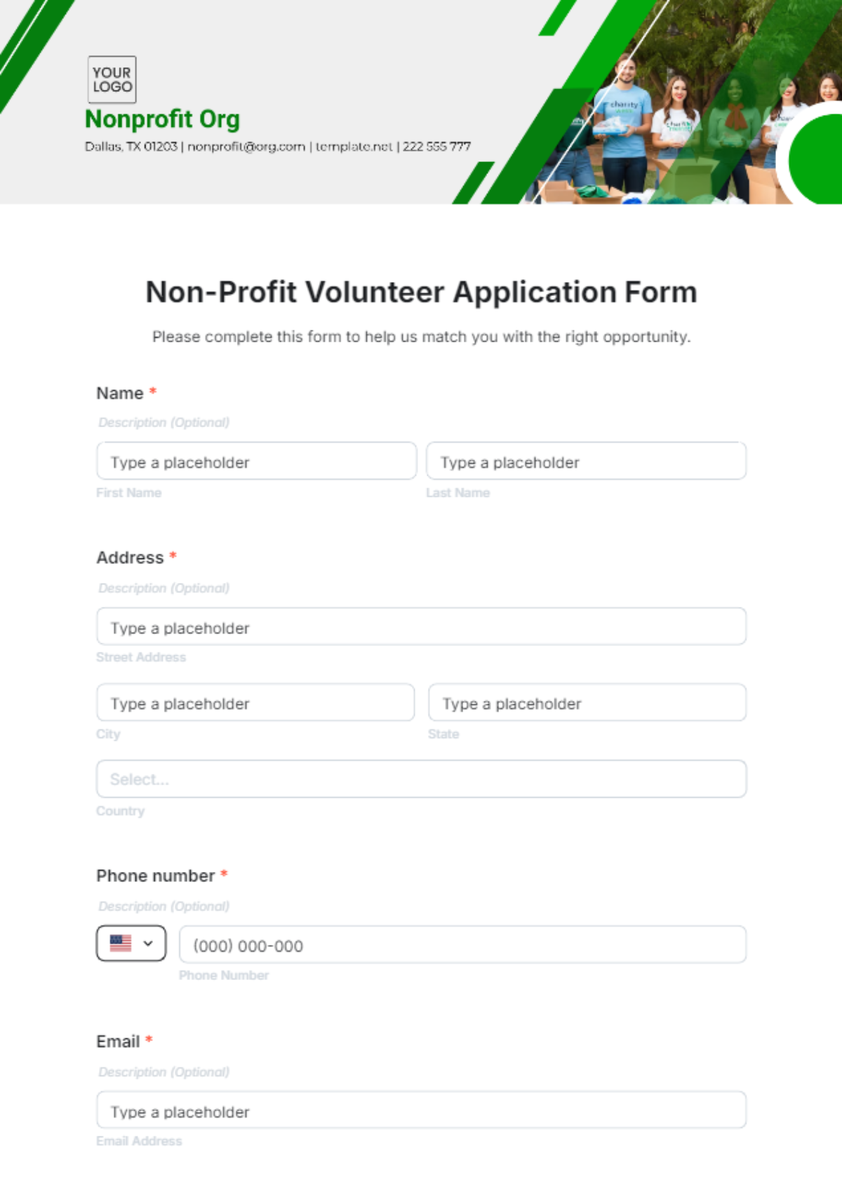 Non-Profit Volunteer Application Form Template