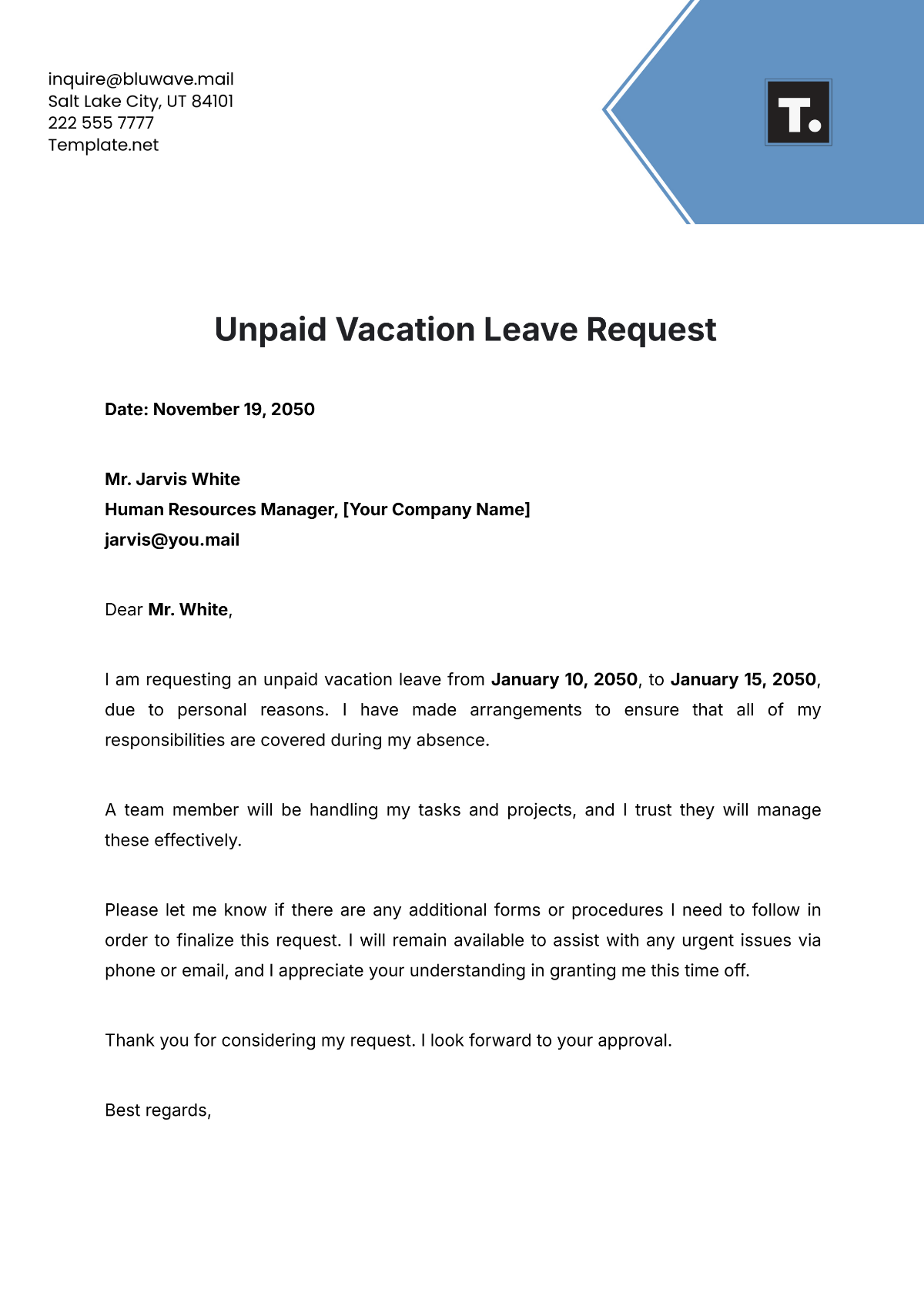 Unpaid Vacation Leave Request Template - Edit Online & Download