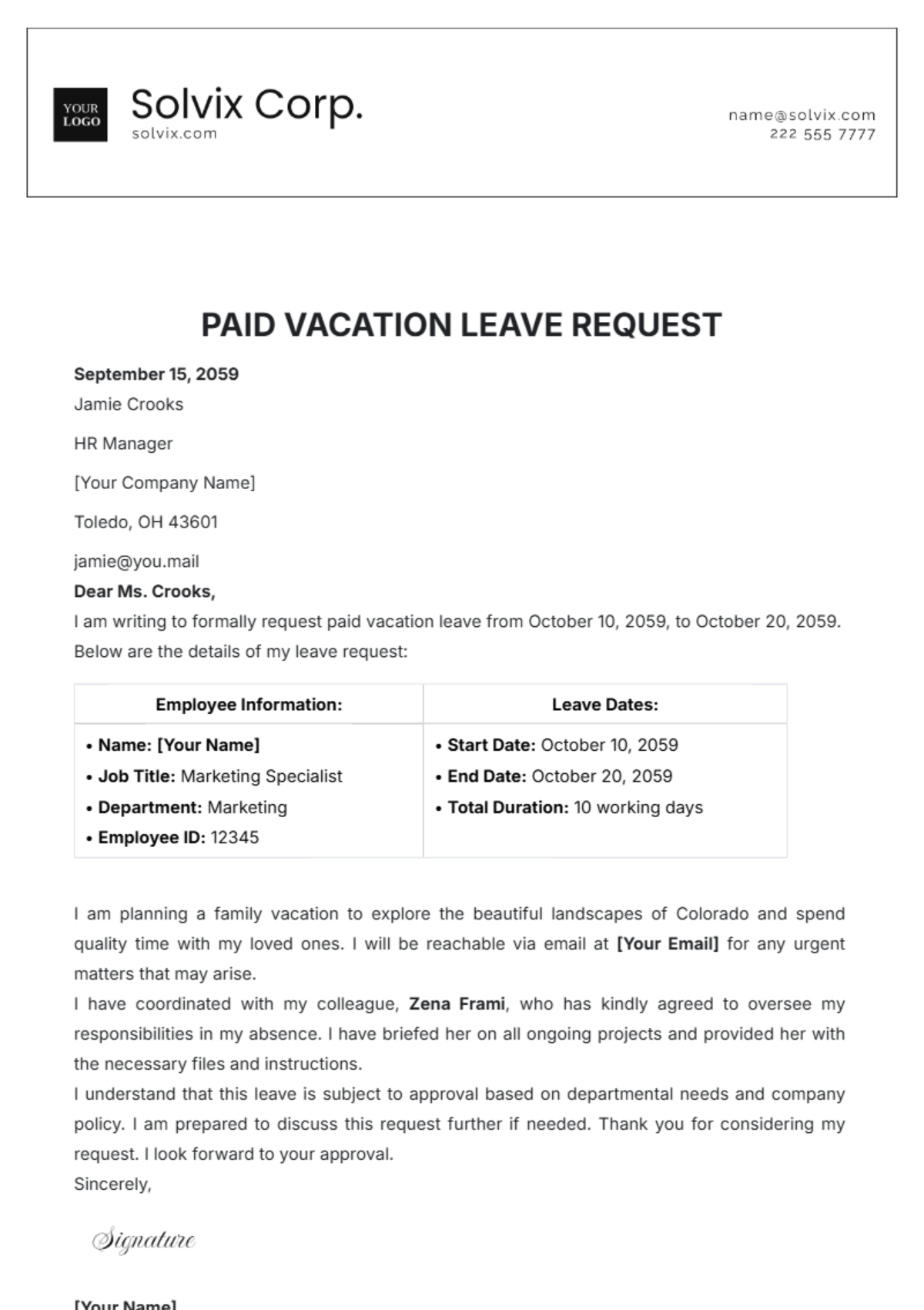 Paid Vacation Leave Request Template