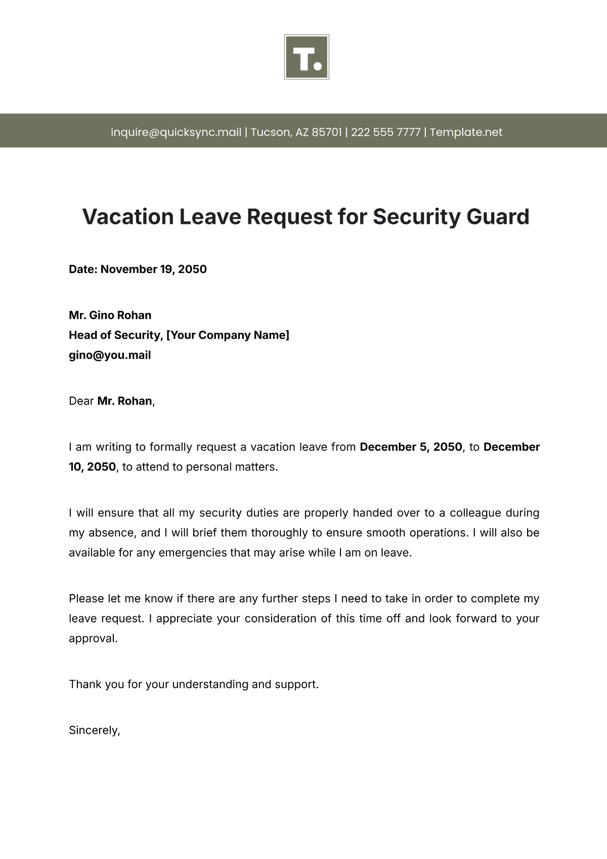 Vacation Leave Request for Security Guard Template - Edit Online & Download