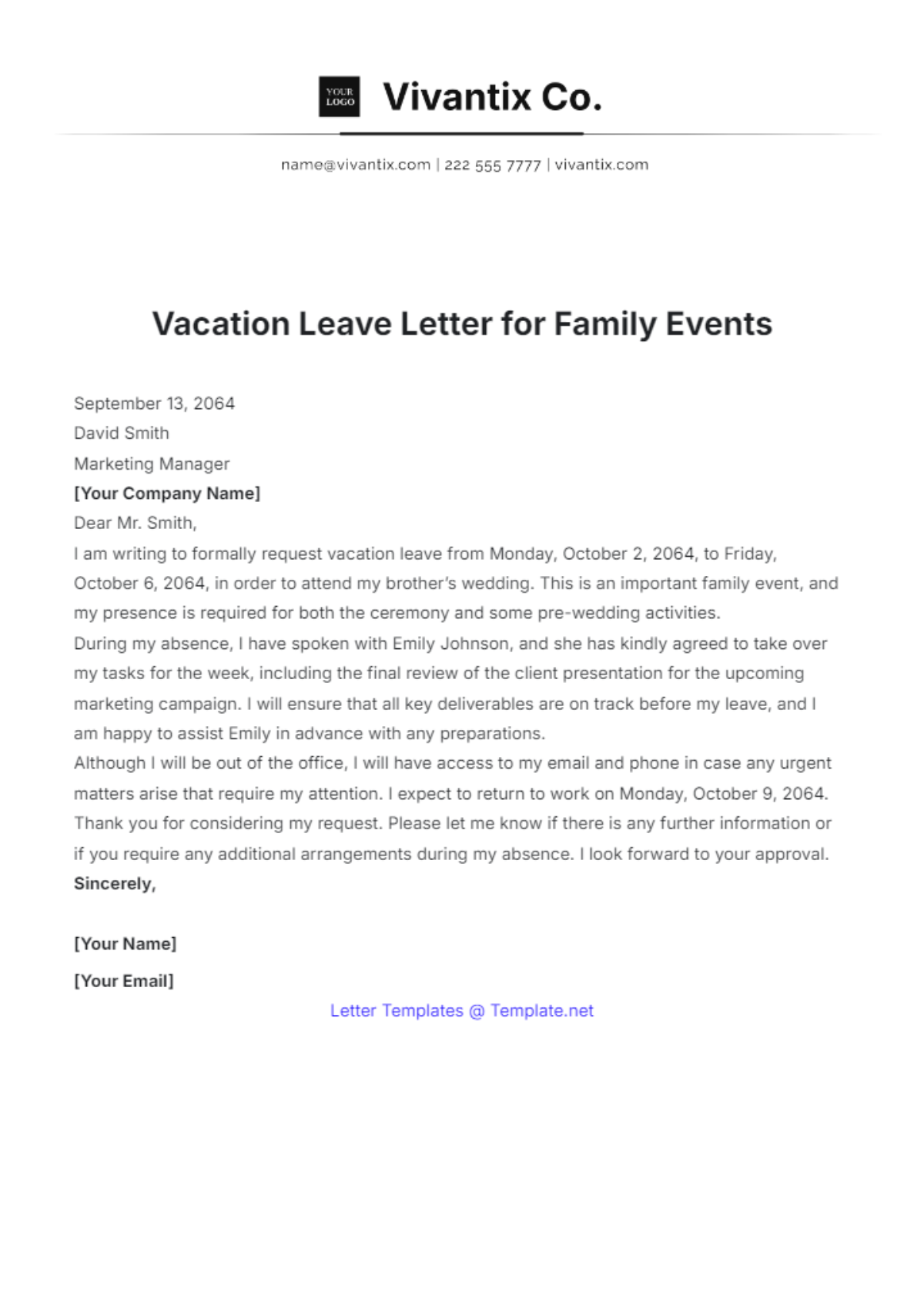 Vacation Leave Letter for Family Events Template