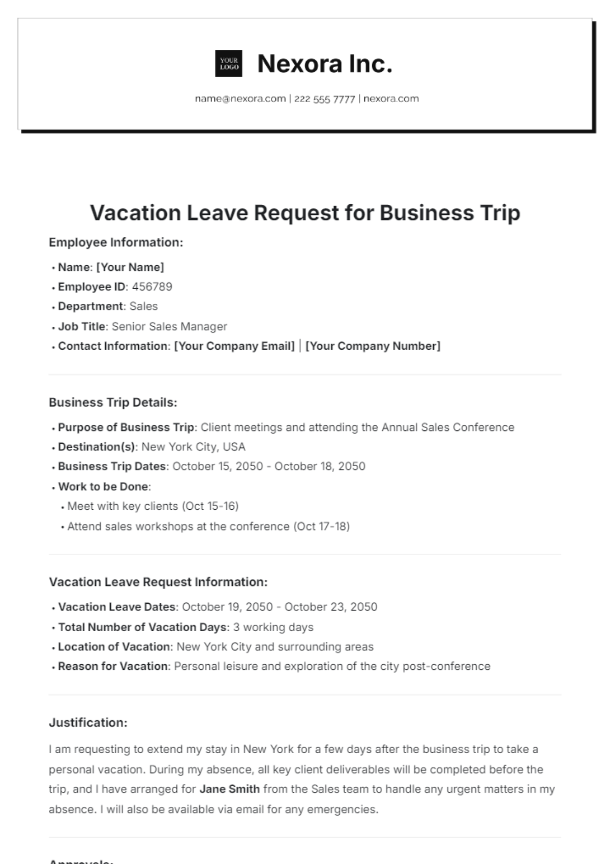 Vacation Leave Request for Business Trip Template