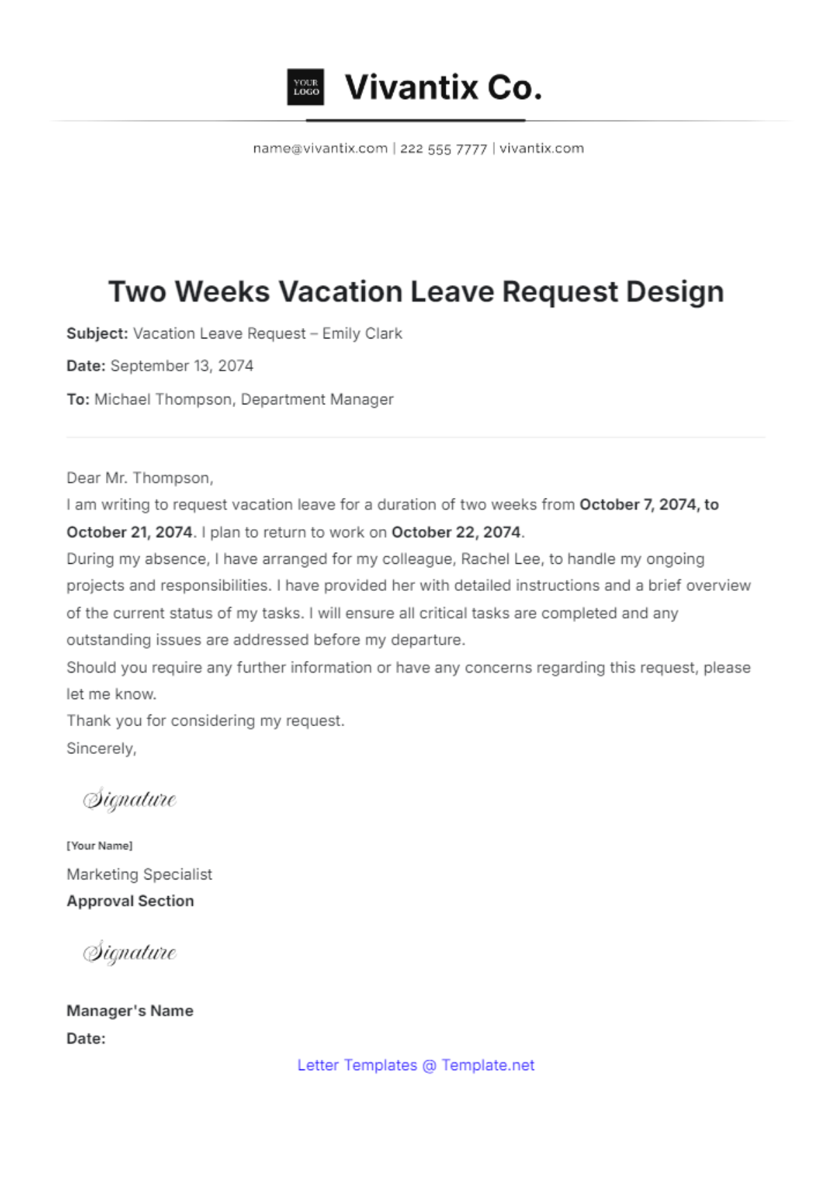 Two Weeks Vacation Leave Request Design Template