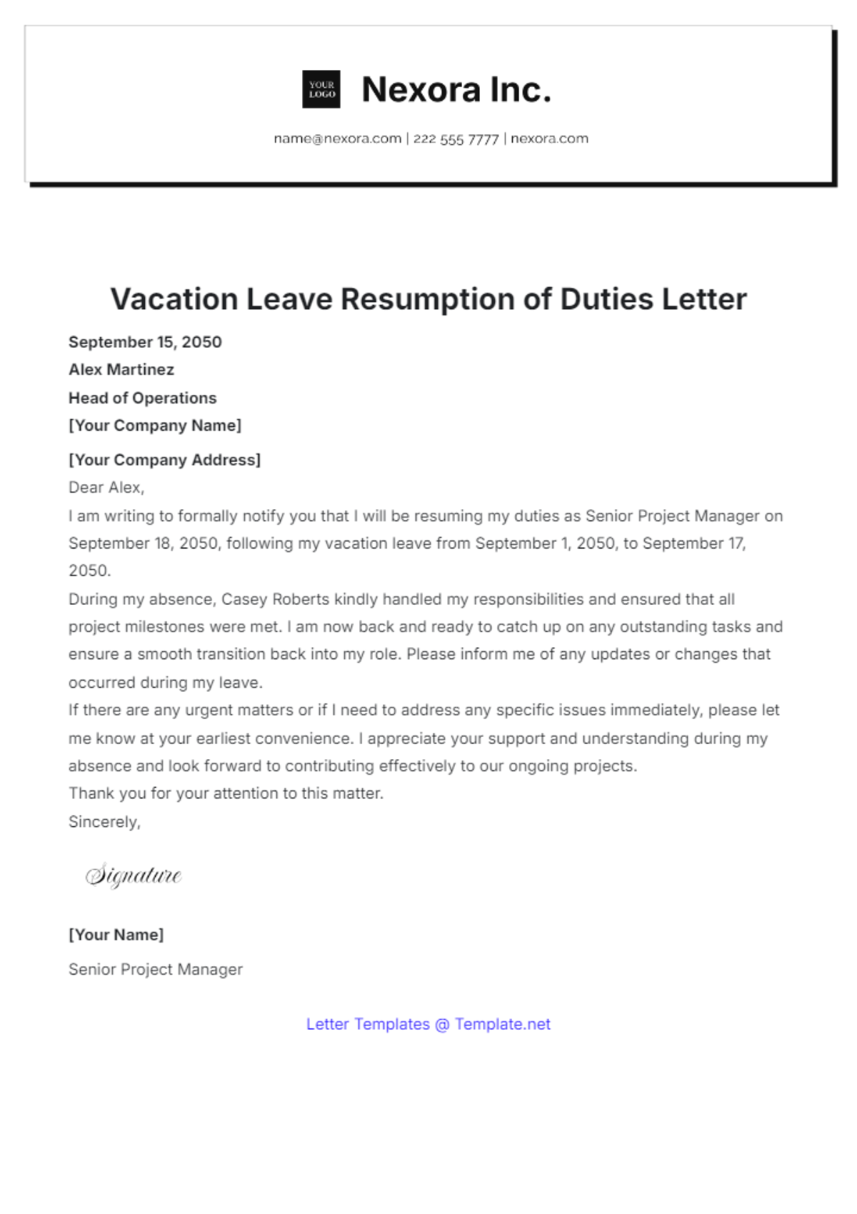 Vacation Leave Resumption of Duties Letter Template