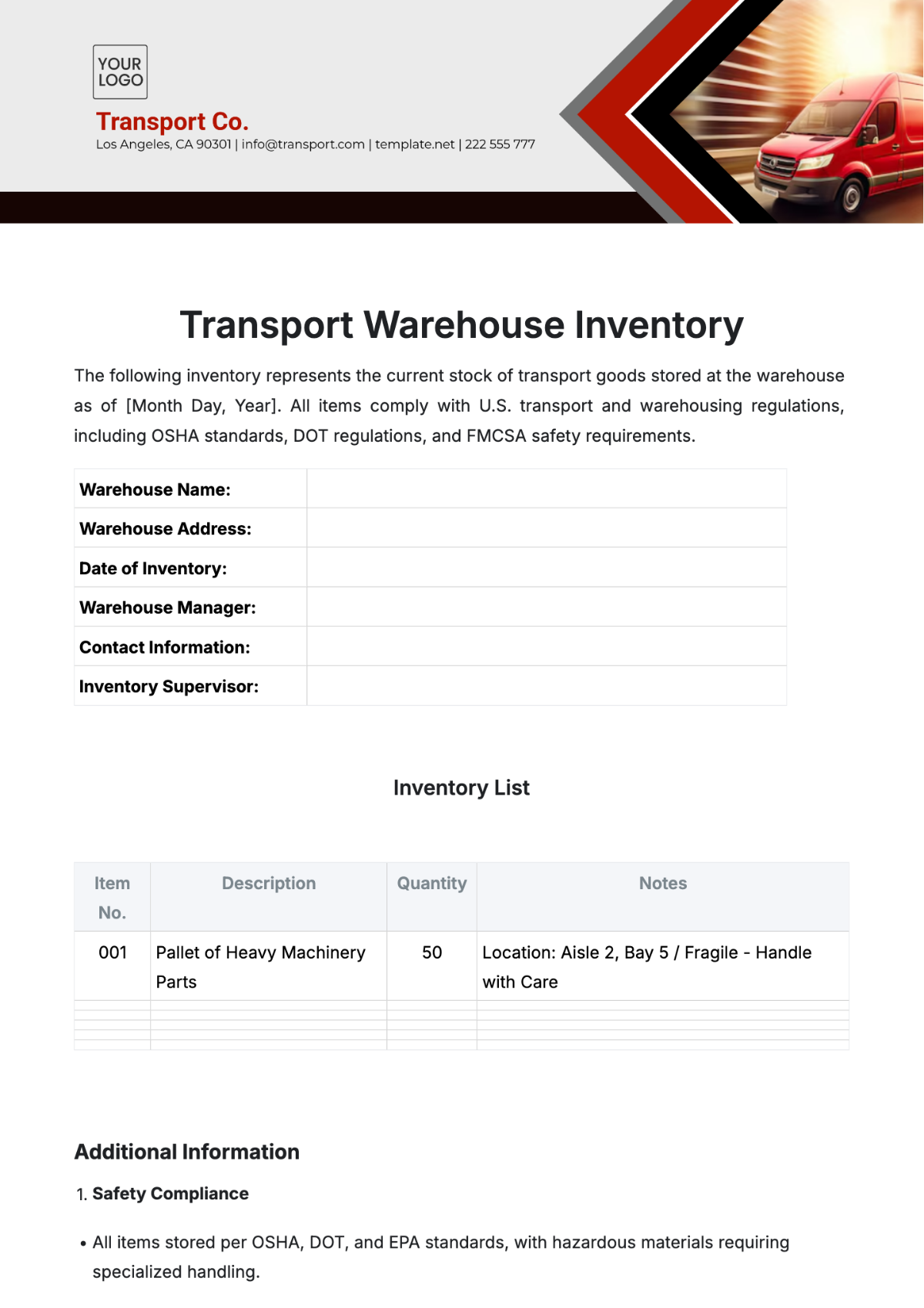 Transport Warehouse Inventory Template - Edit Online & Download