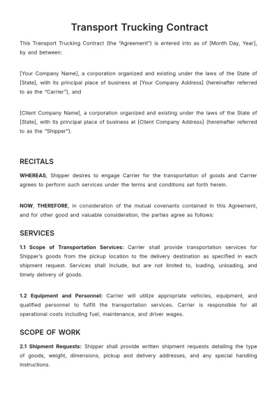 Free Transport Trucking Contract Template to Edit Online