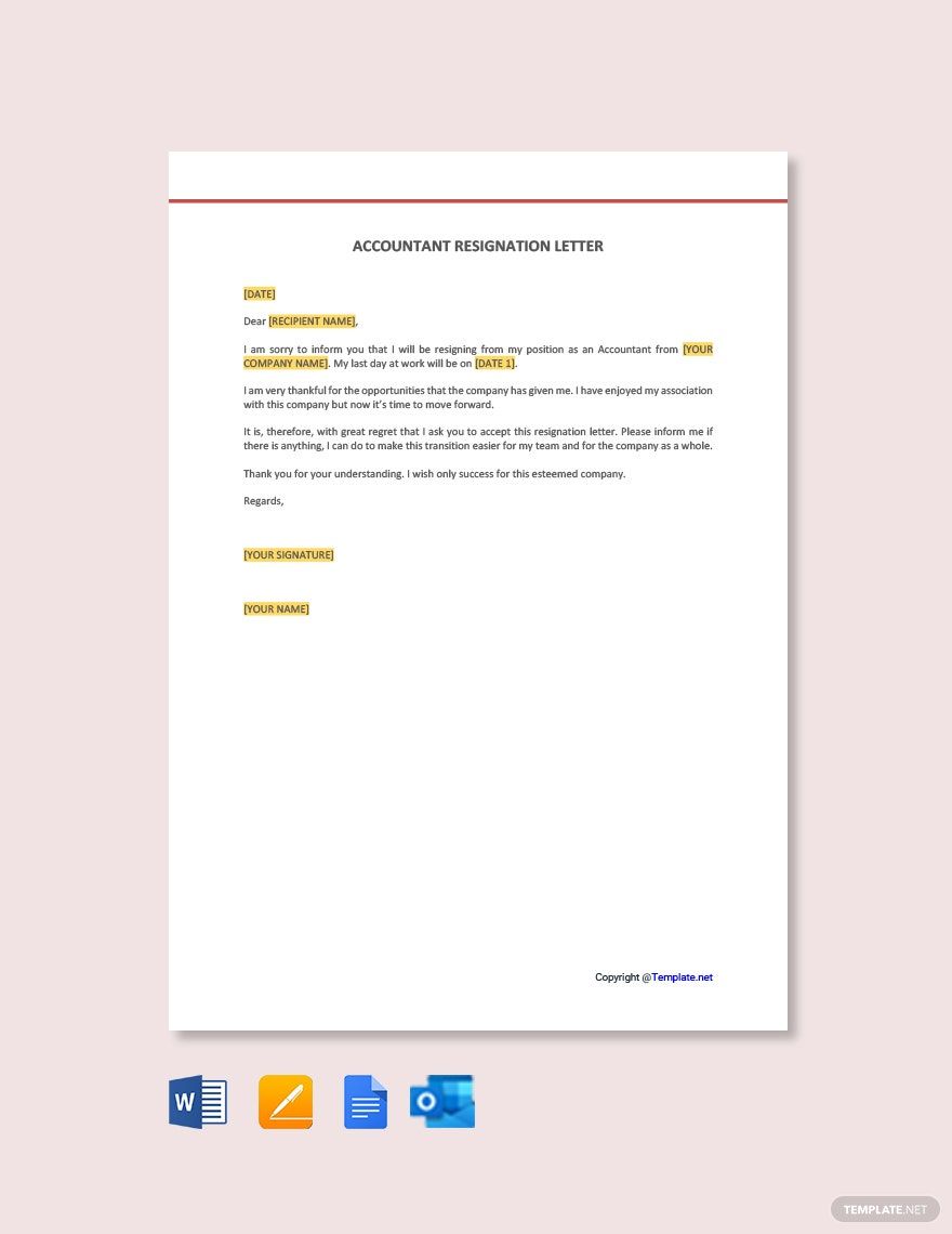 Accountant Resignation Letter Template in Word, Google Docs, PDF, Apple Pages, Outlook