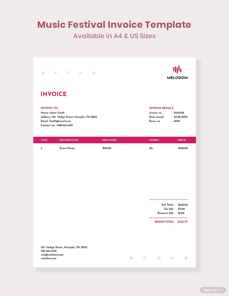 Music Band Invoice Template in Google Docs, Google Sheets, Excel, Word